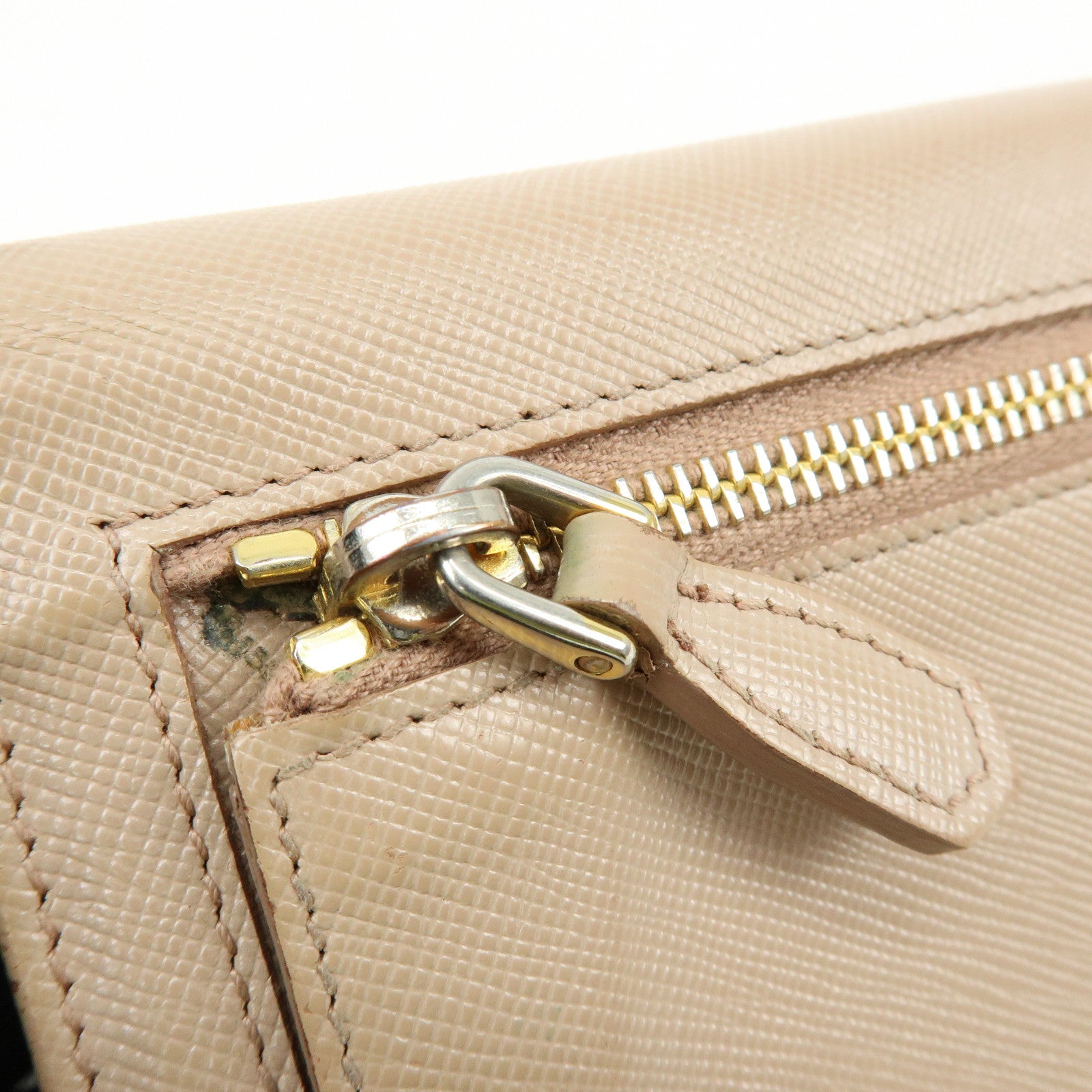 PRADA Logo Saffiano Leather Flap Bi-Fold Long Wallet Beige