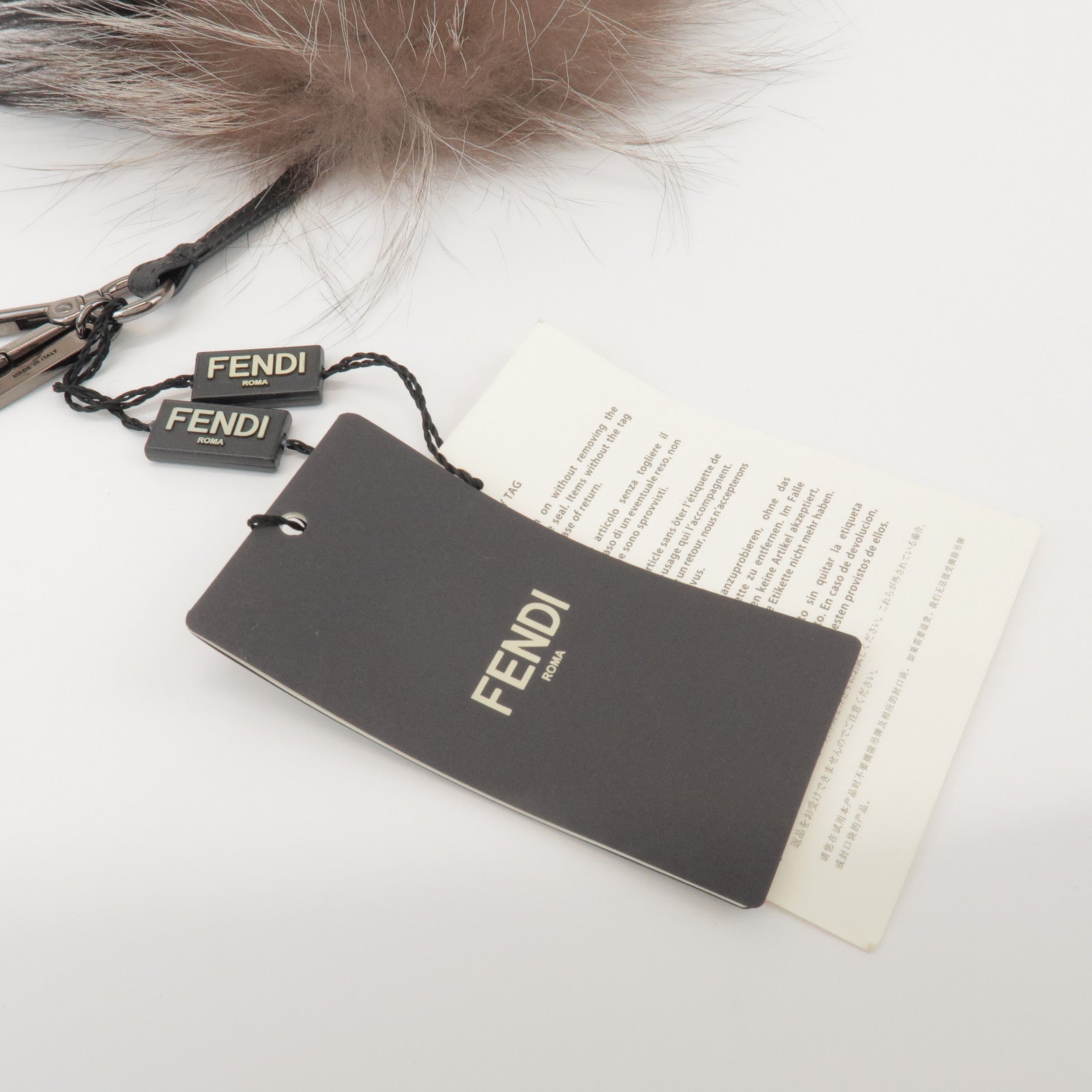FENDI Fur Leather Monster Bag Charm Key Chain Black Greige