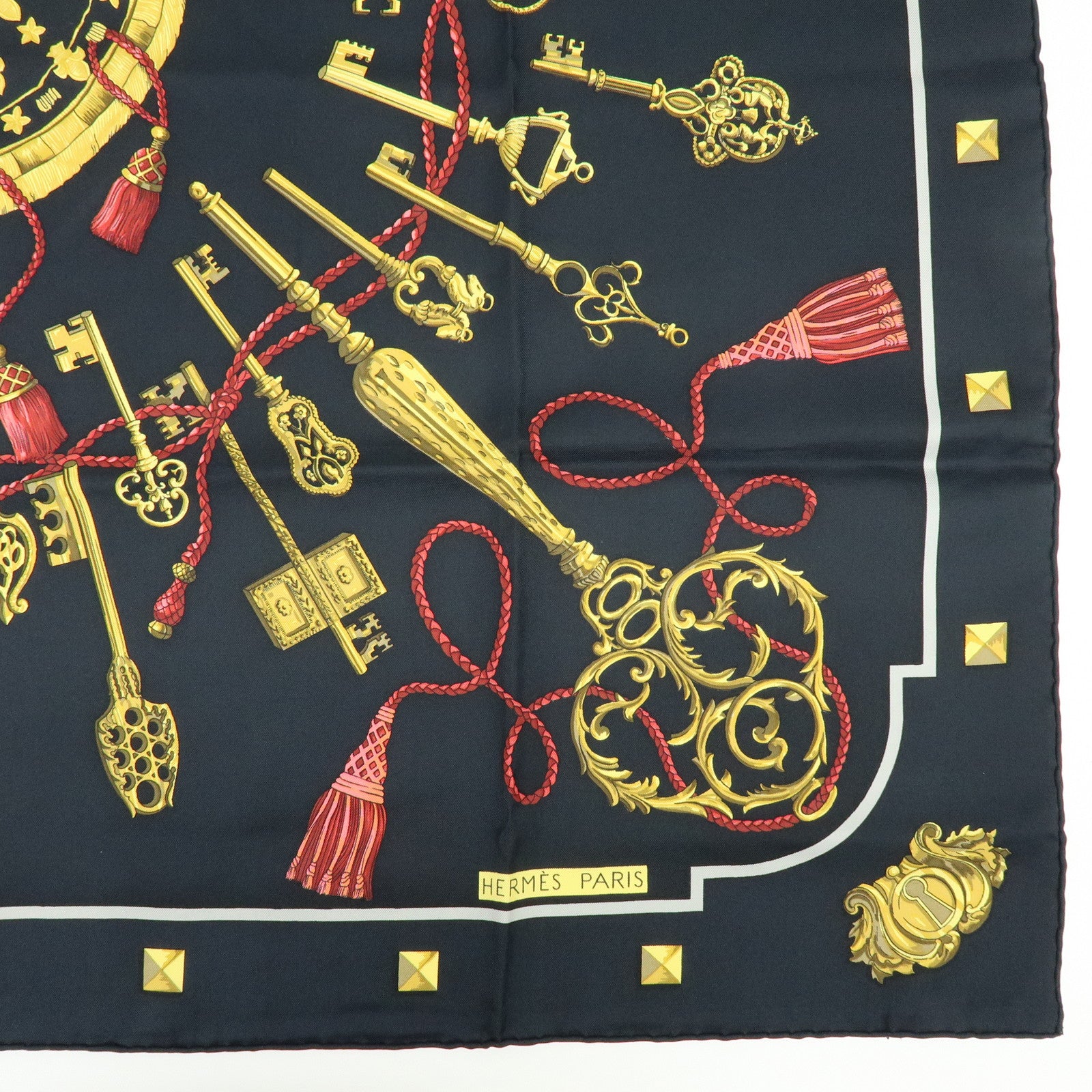 HERMES Carre 90 Silk 100% Scarf LES CLES THE KEYS RARE Black Gold