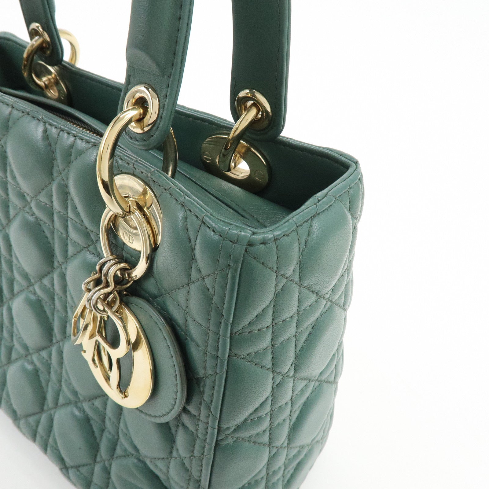 Christian Dior Lady Dior Cannage Lamb Skin 2Way Bag Hand Bag Green