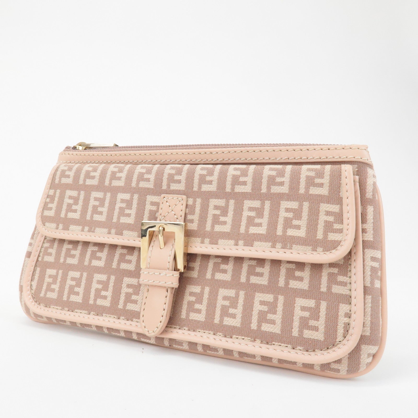 FENDI Zucchino Canvas Leather Pouch Purse Pink 8N0038