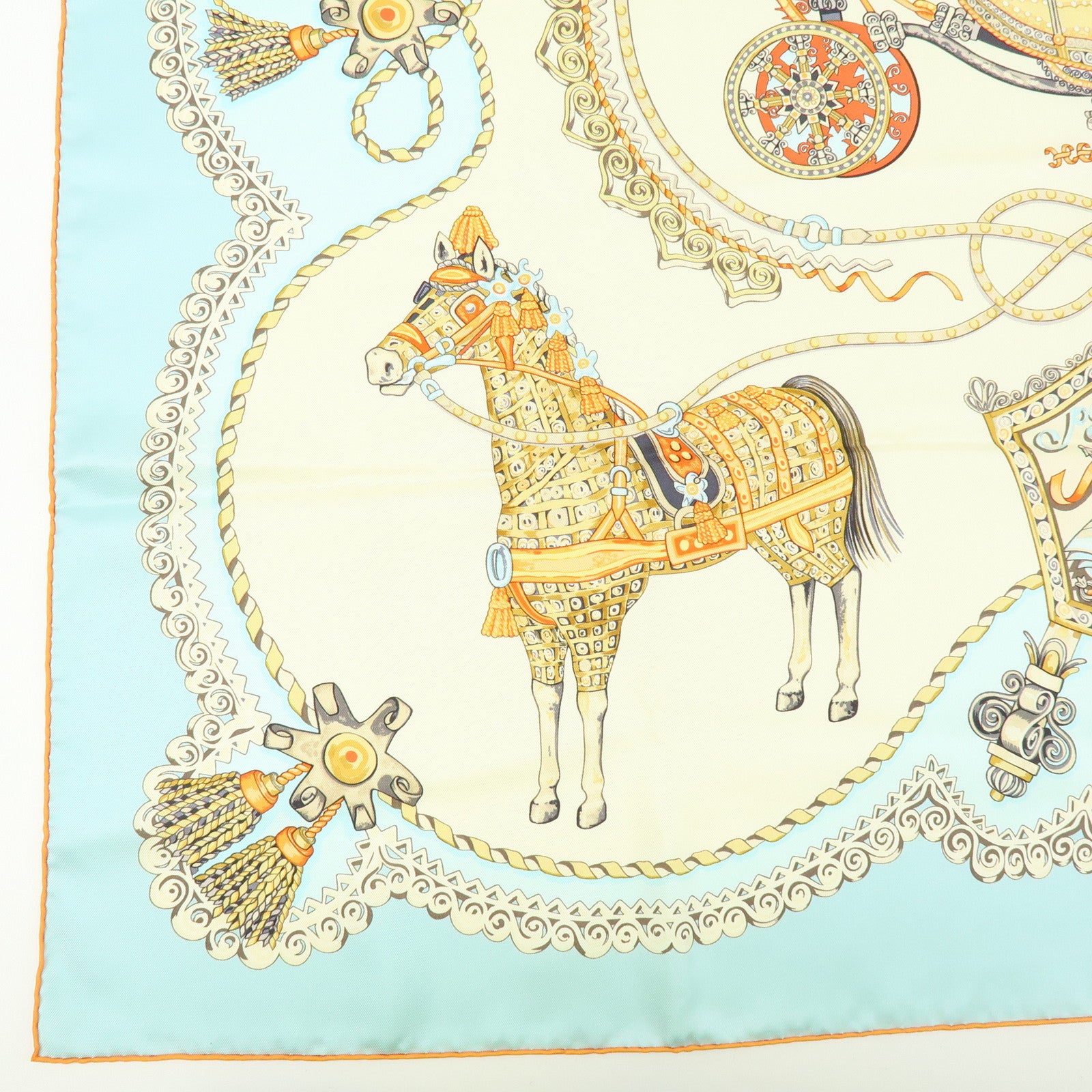 HERMES Carre 90 Silk 100% PAPEROLLES Scarf Light Blue Ivory