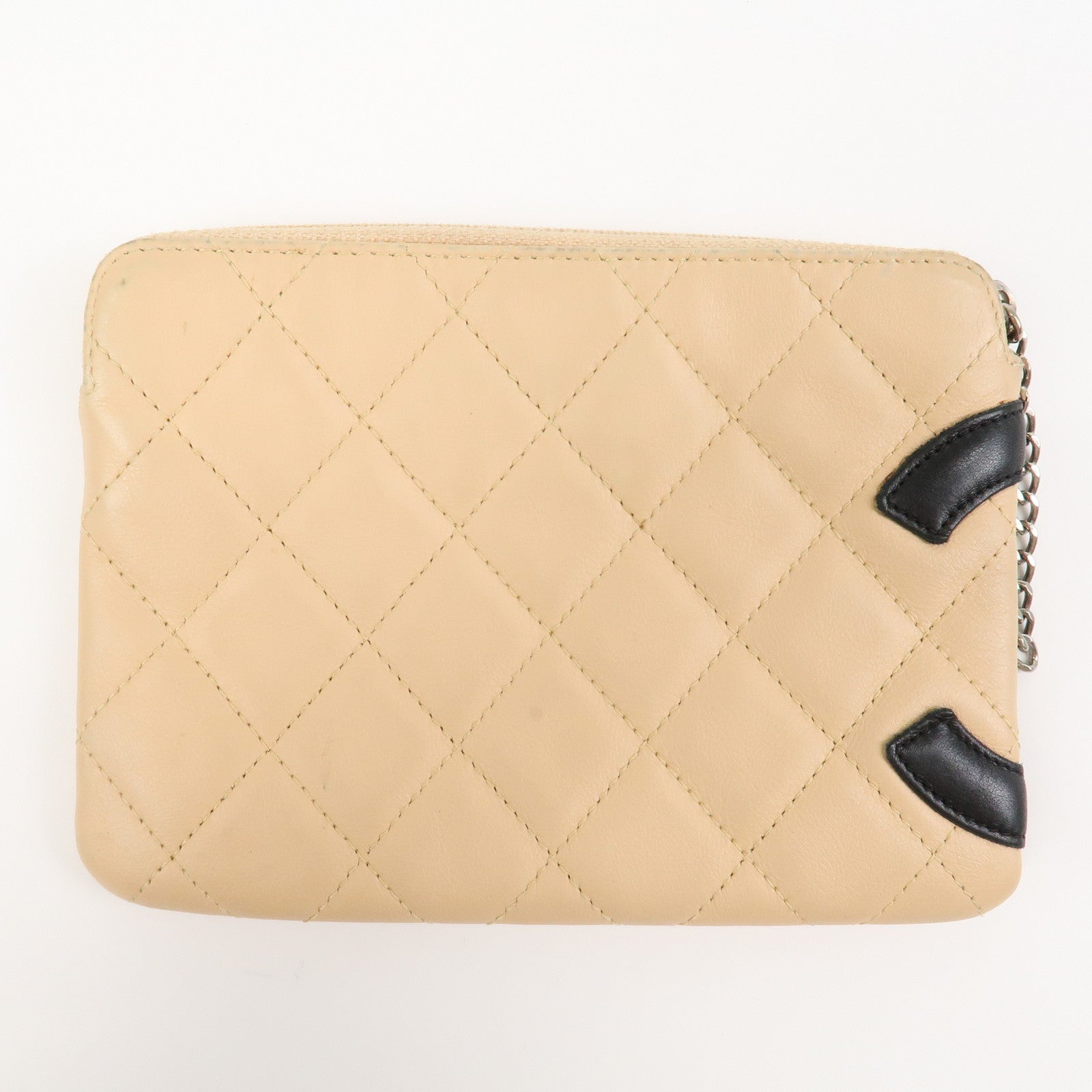 CHANEL Cambon Line Lamb Skin Cosmetic Pouch Makeup Bag Beige Black