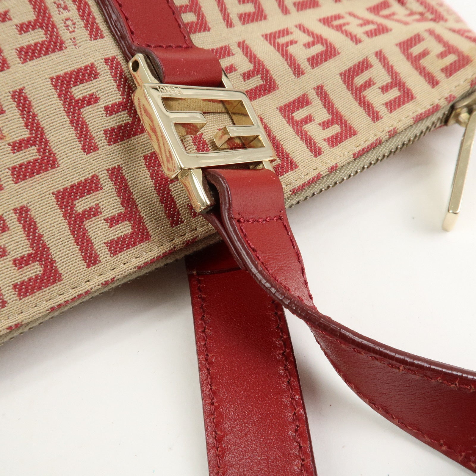 FENDI Zucchino Canvas Leather Tote Bag Hand Bag Beige Red 8BH134
