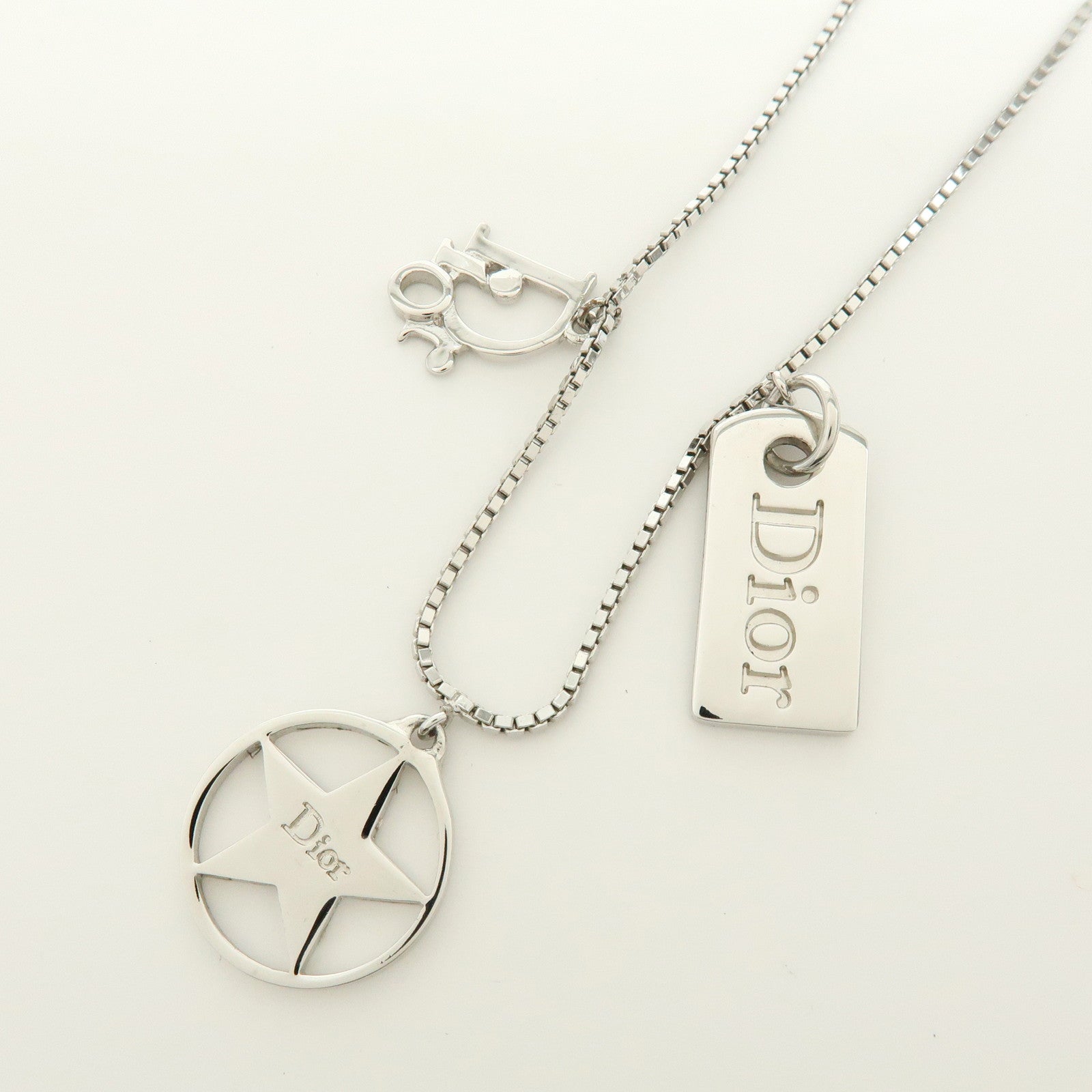 Christian Dior Logo Metal Necklace Silver Star Motif