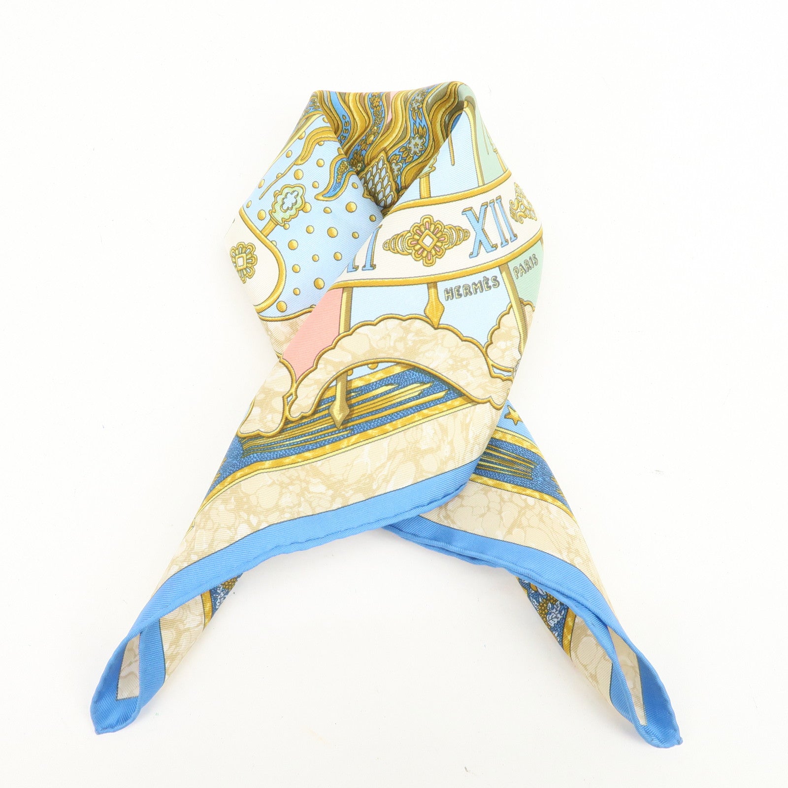 HERMES Petit Carre 40 Silk 100% GLORIA SOL Mini Scarf Beige Blue