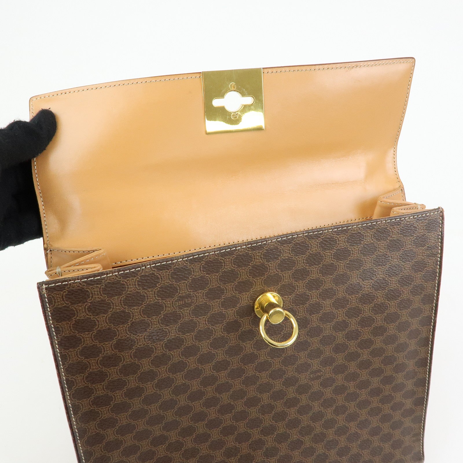 CELINE Macadam PVC Leather Hand Bag Top Handle Flap Bag Brown