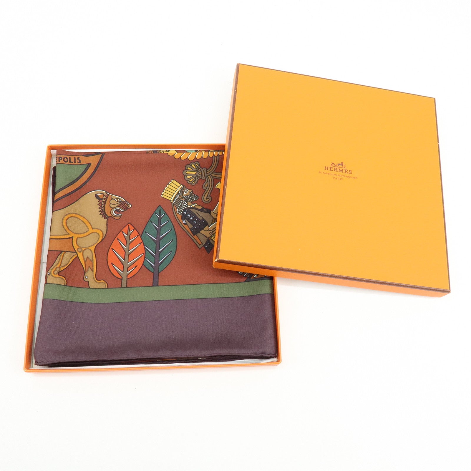 HERMES Carre 90 Silk 100% Scarf PERSEPOLIS Persian Print Brown