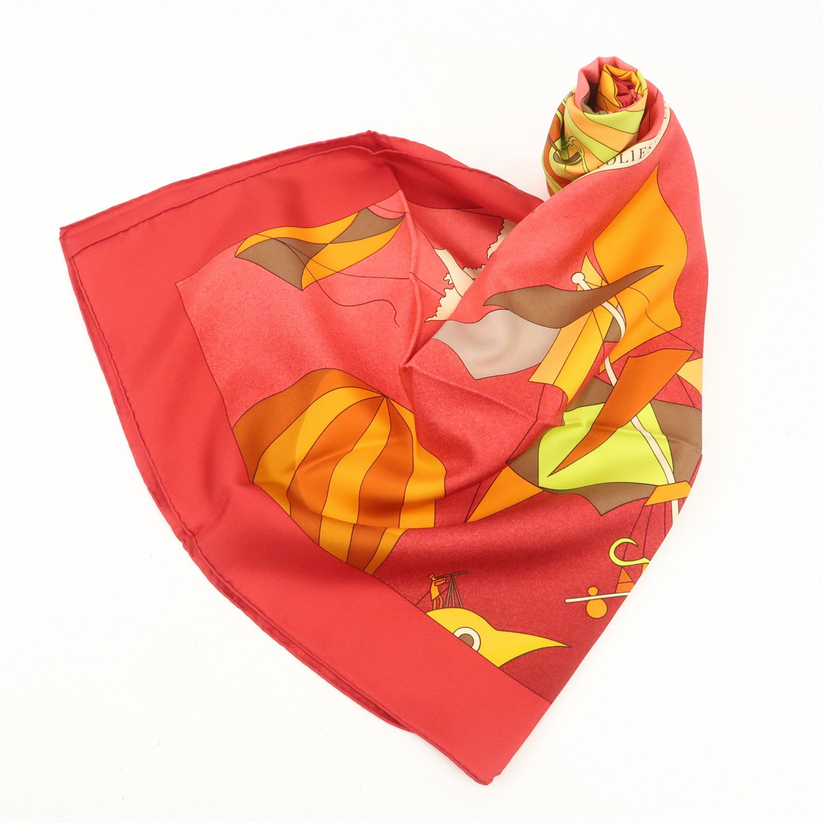 HERMES Carre 90 Silk 100% Scarf LES FOLIES DU CIEL Red Orange