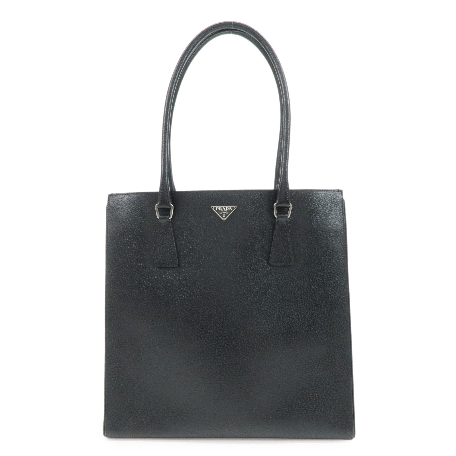PRADA Triangle Logo Leather Tote Bag Shoulder Bag Black BR0394