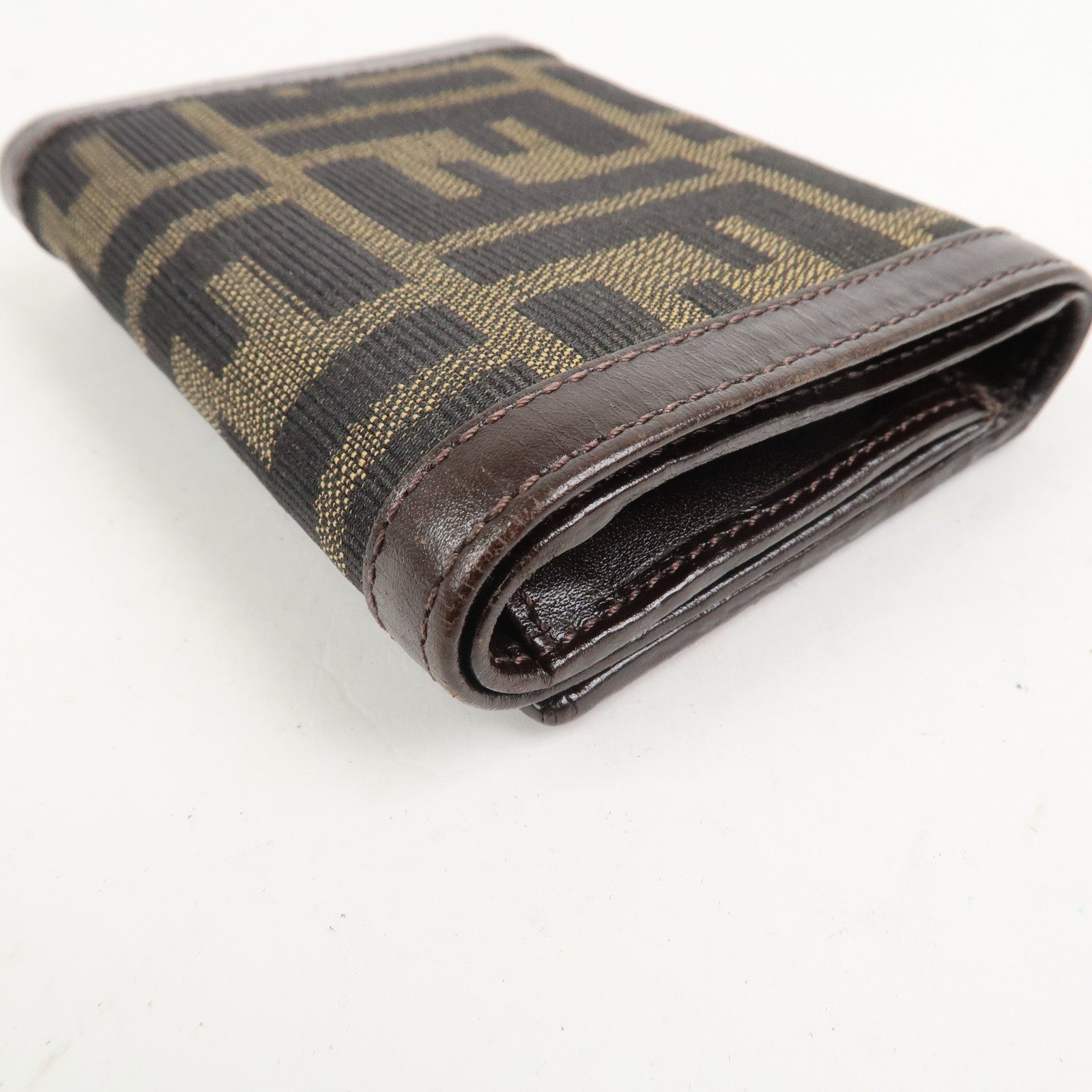 FENDI Zucca Canvas Leather Tri-fold Compact Wallet Brown 30959