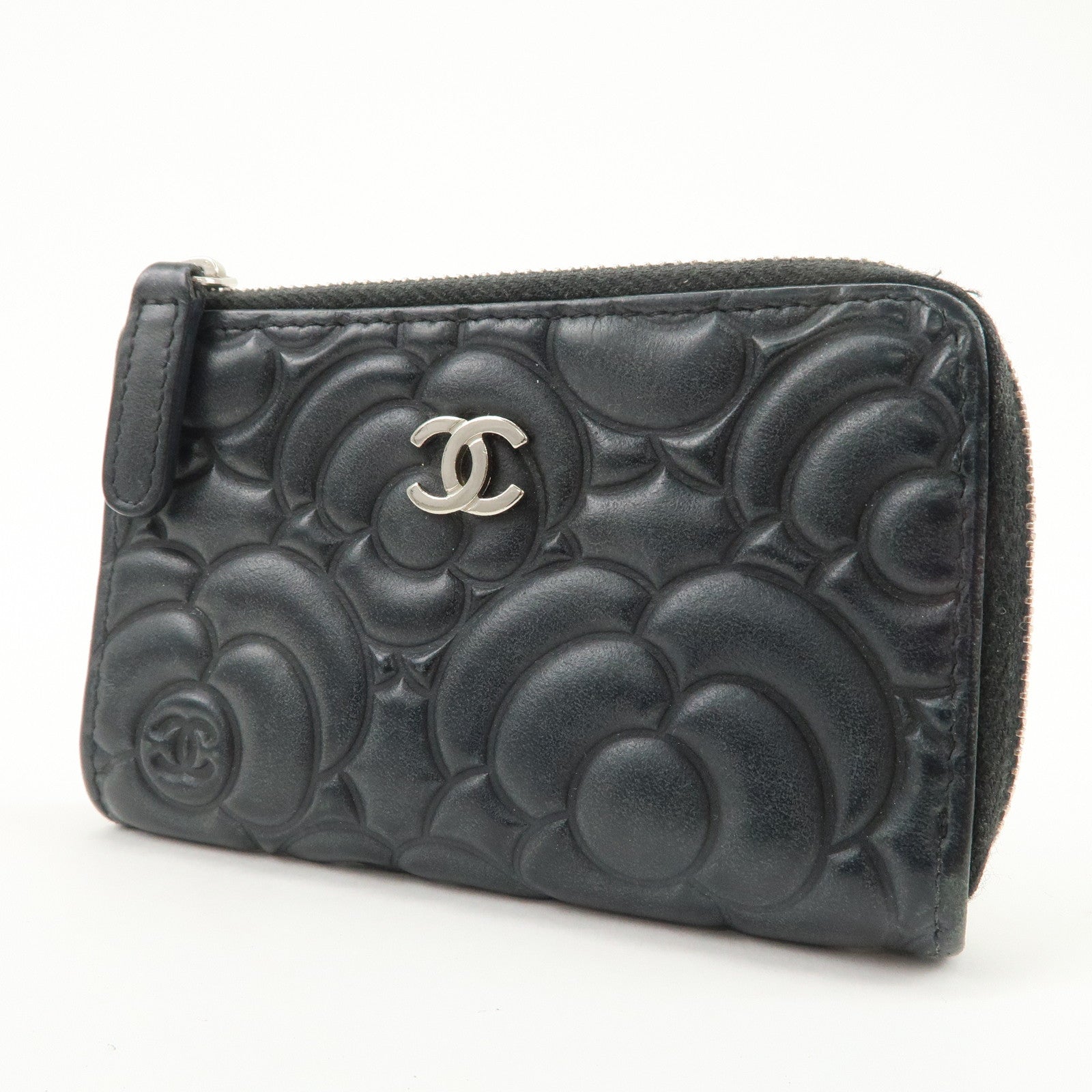 CHANEL Camellia Lamb Skin Coin Case Coin Purse Black