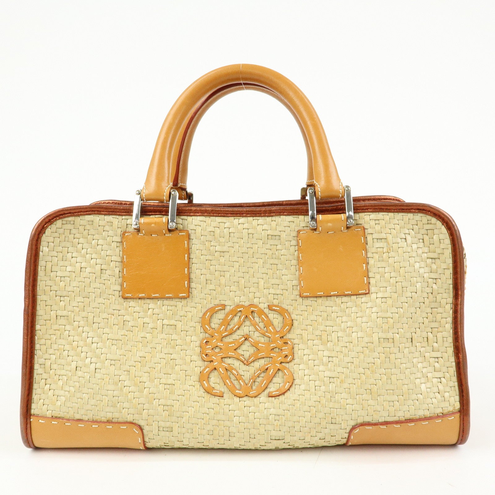 LOEWE Anagram Amazona 28 Raffia Leather Hand Bag Beige Camel