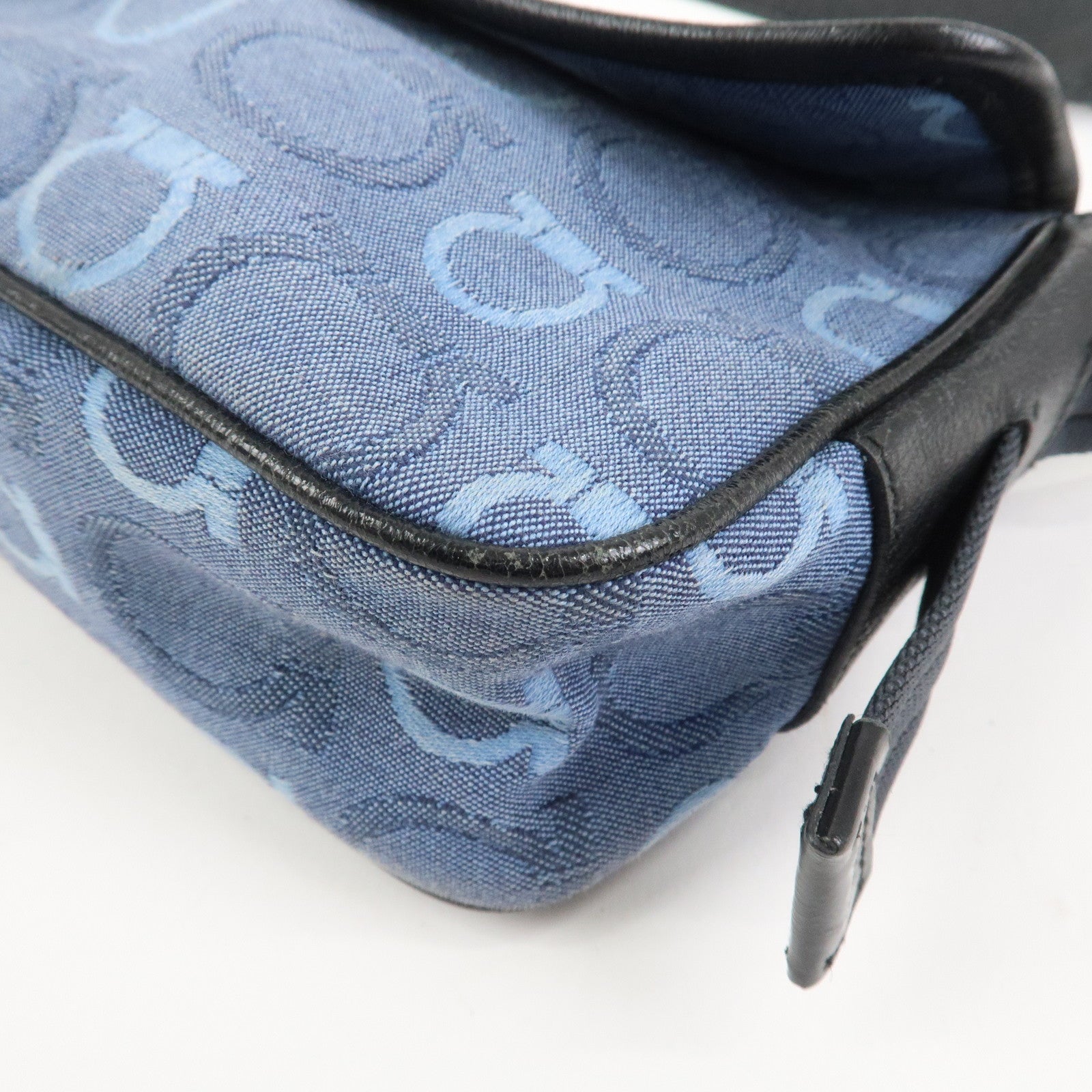 Ferragamo Gancini Canvas Leather Shoulder Bag Navy Black