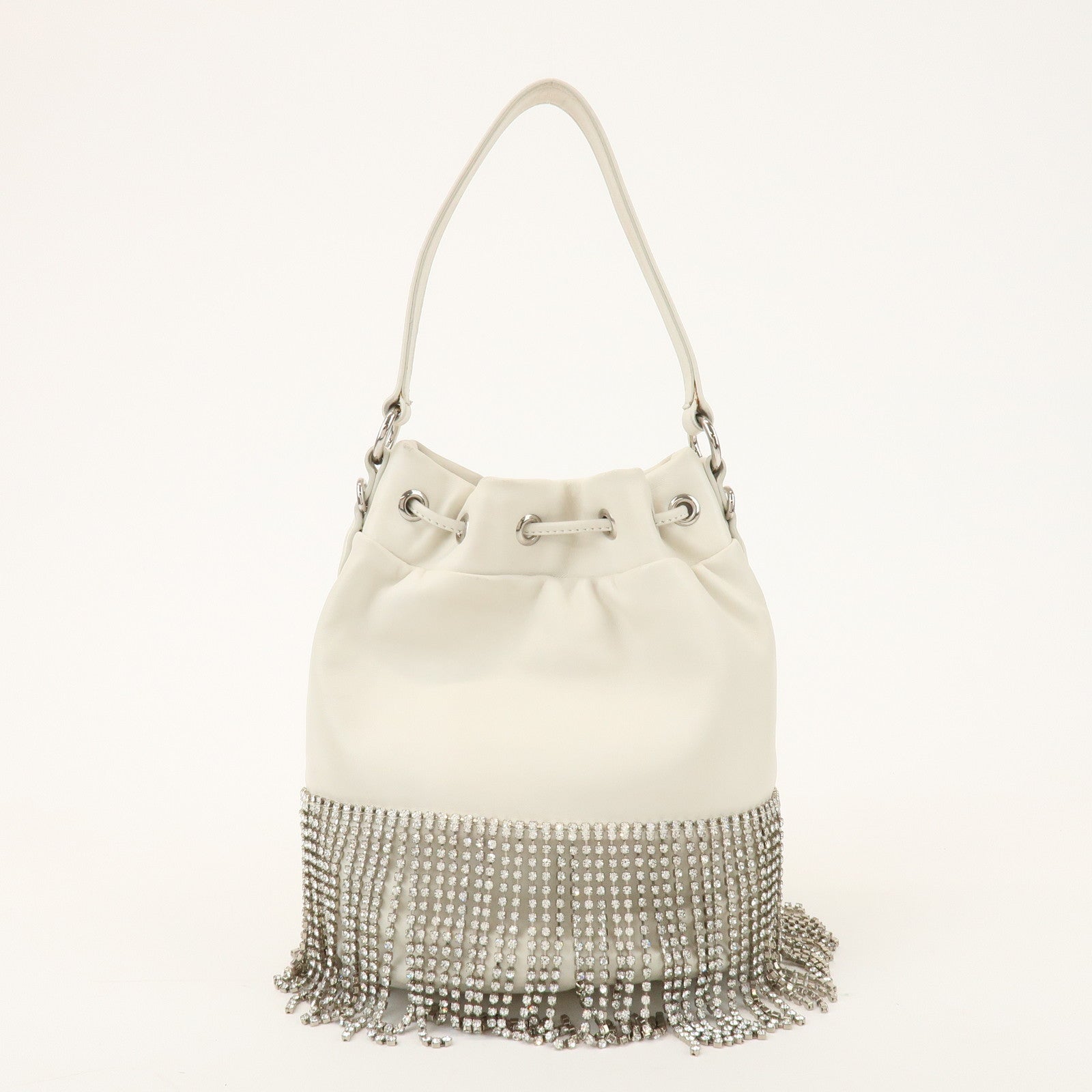 MIU MIU Logo Nappa Leather Strass Fringe 2Way Bag White 5BE014