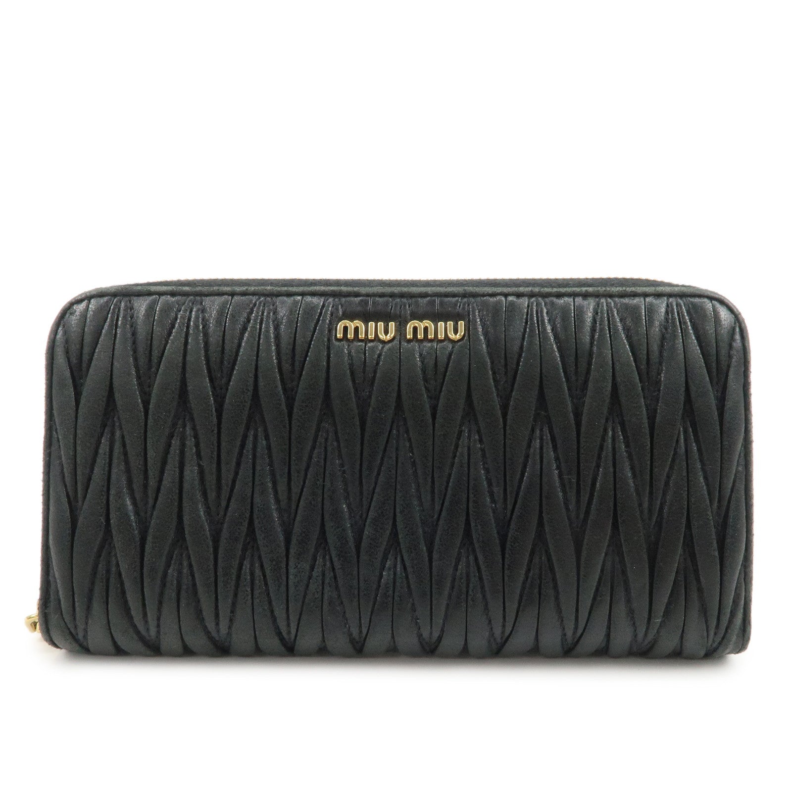MIU MIU Logo Matelasse Nappa Leather Zippy Long Wallet Black