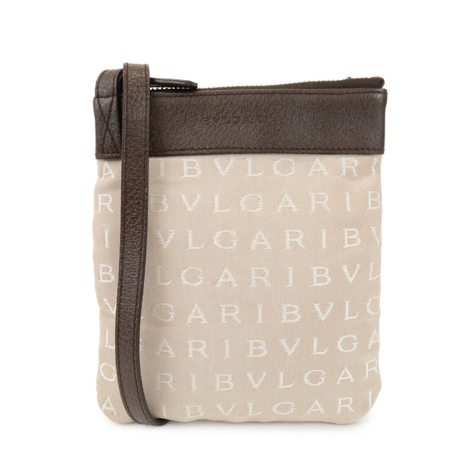 BVLGARI Logo Mania Monogram Canvas Leather Shoulder Bag Beige Brown