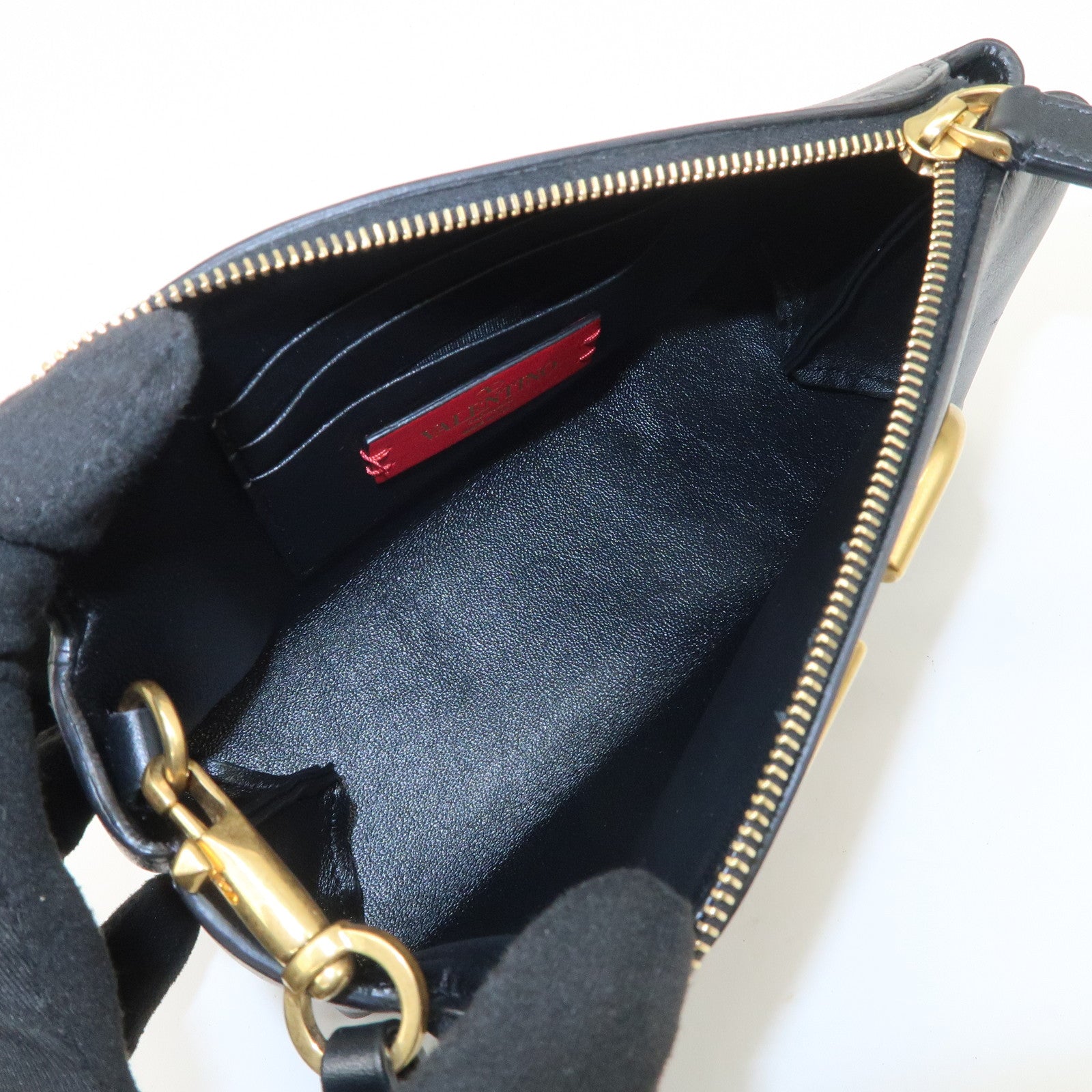 VALENTINO Leather Pouch Clutch Bag Black Gold Hardware