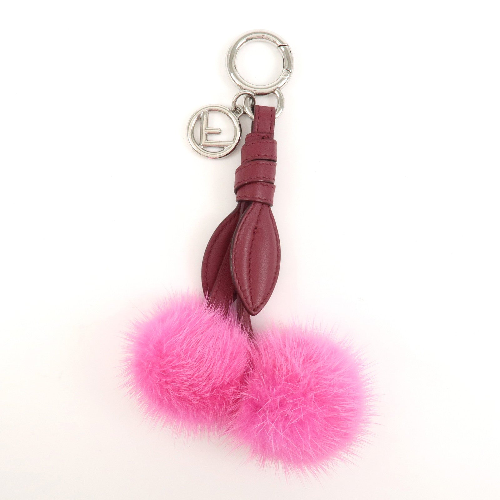 FENDI Logo Leather Fur Bag Charm Key Holder Pink 7AR642