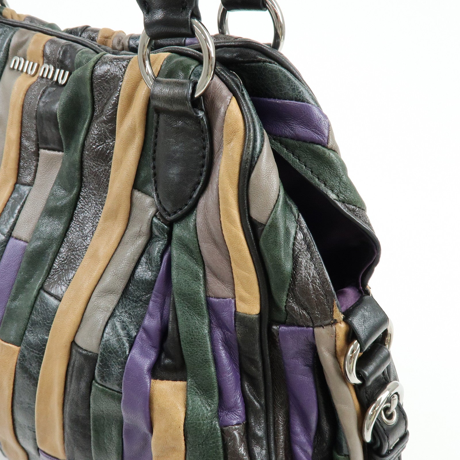 MIU MIU Logo Leather Hand Bag Shoulder Bag Black Purple Green