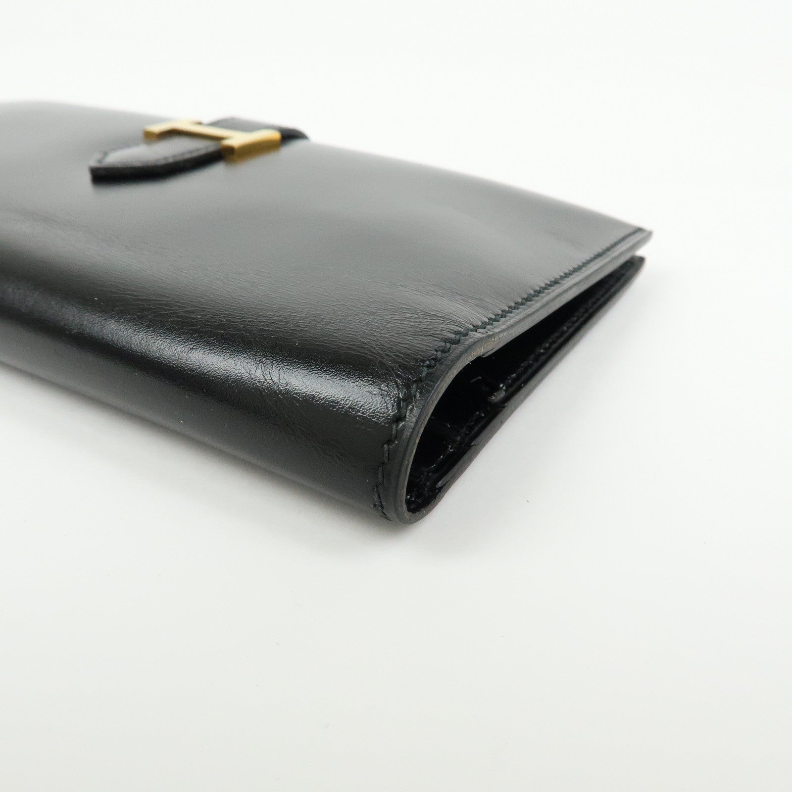 HERMES Bearn Box Calf Bi-fold Long Wallet 〇QStamped Black Gold