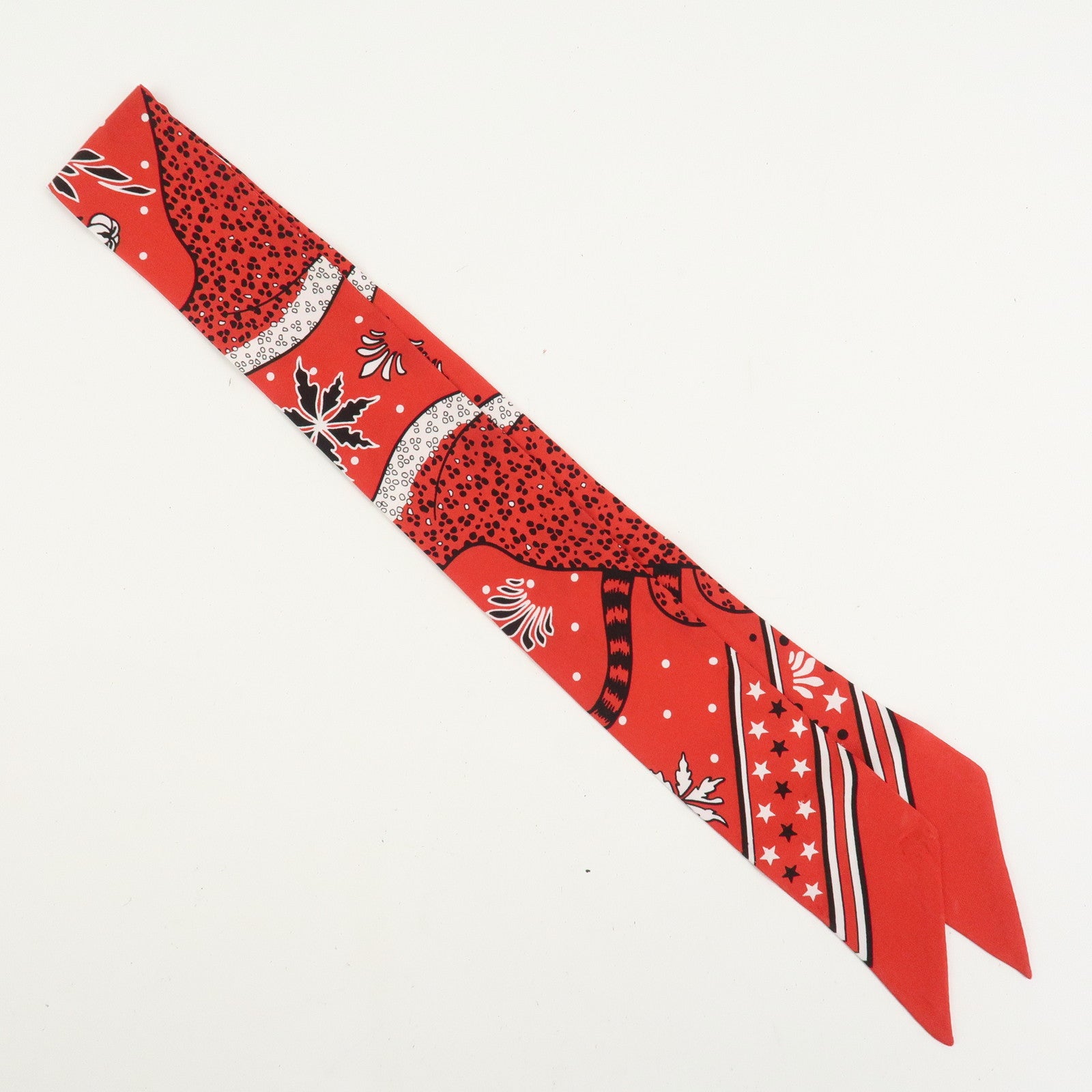 HERMES Twilly Silk 100% Scarf LES LEOPARDS Red Black White