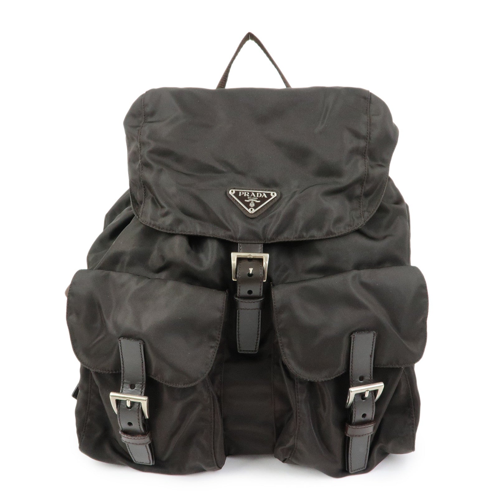 PRADA Triangle Logo Nylon Leather Backpack Rucksack Brown B2811