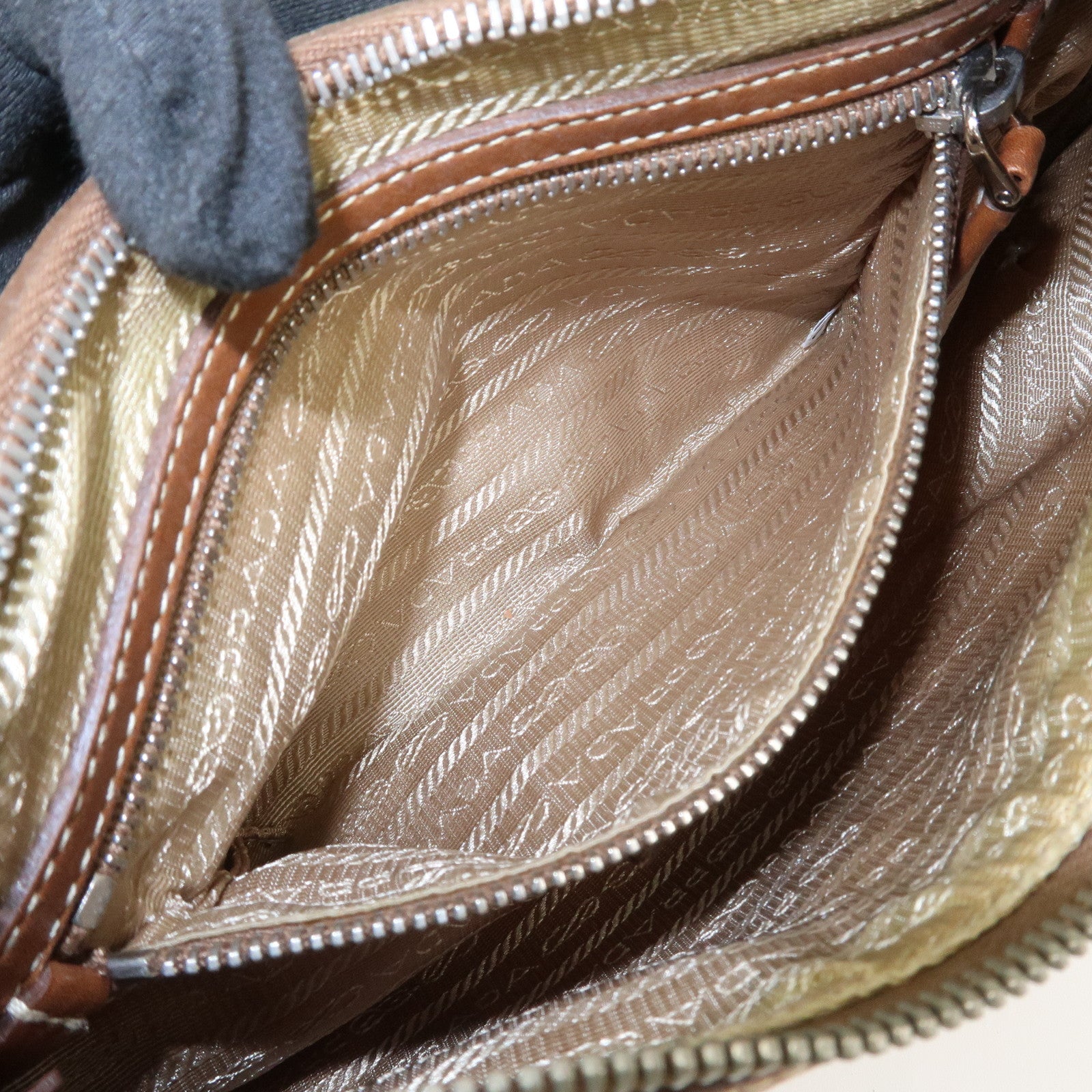 PRADA Logo Jacquard Leather Shoulder Bag Beige Brown BR3429
