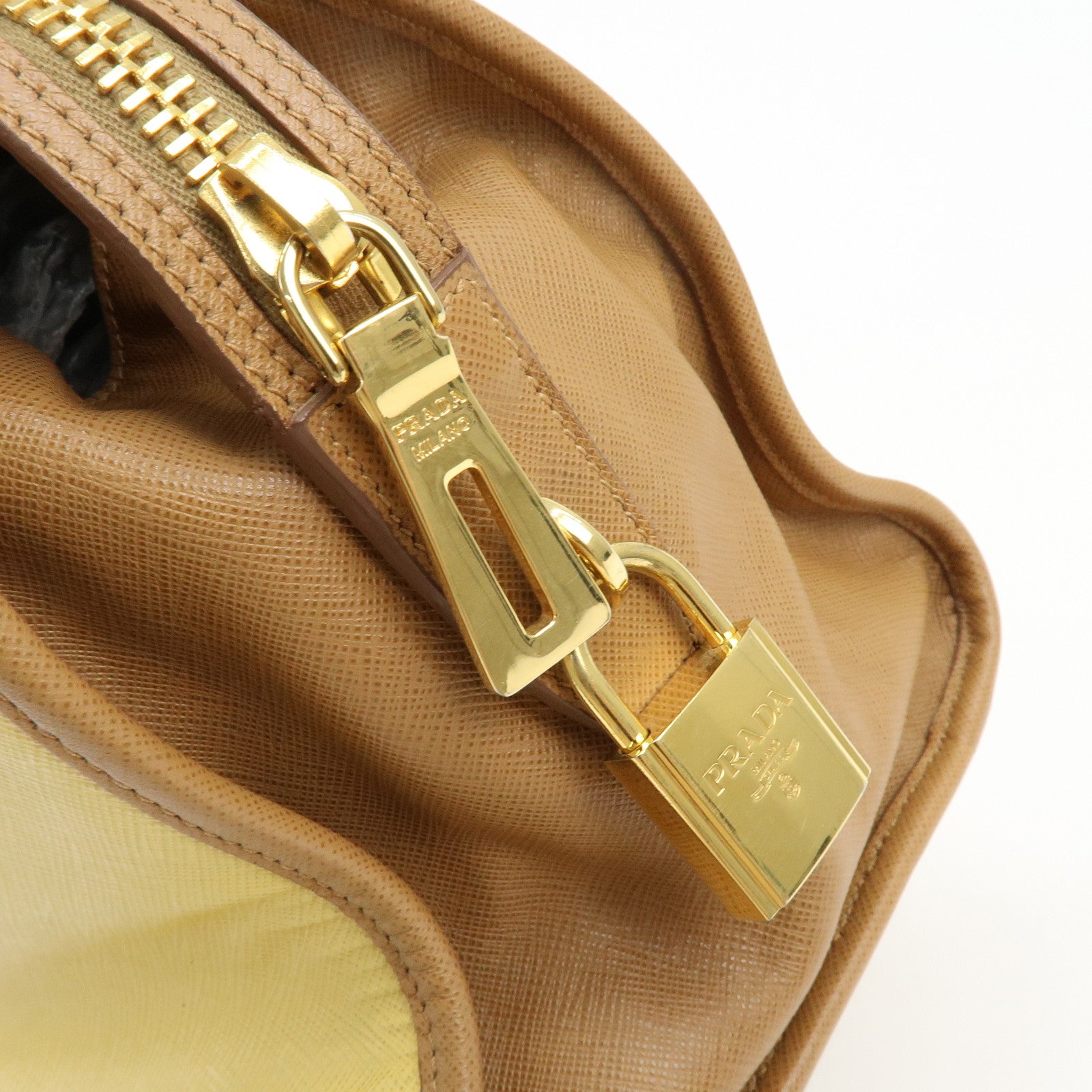 PRADA Triangle Logo Saffiano Leather Boston Bag Mustard Light Brown