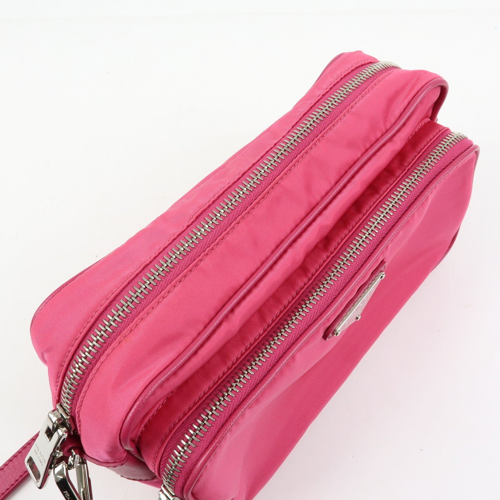 PRADA Triangle Logo Nylon Saffiano Leather Shoulder Bag Pink BT1010