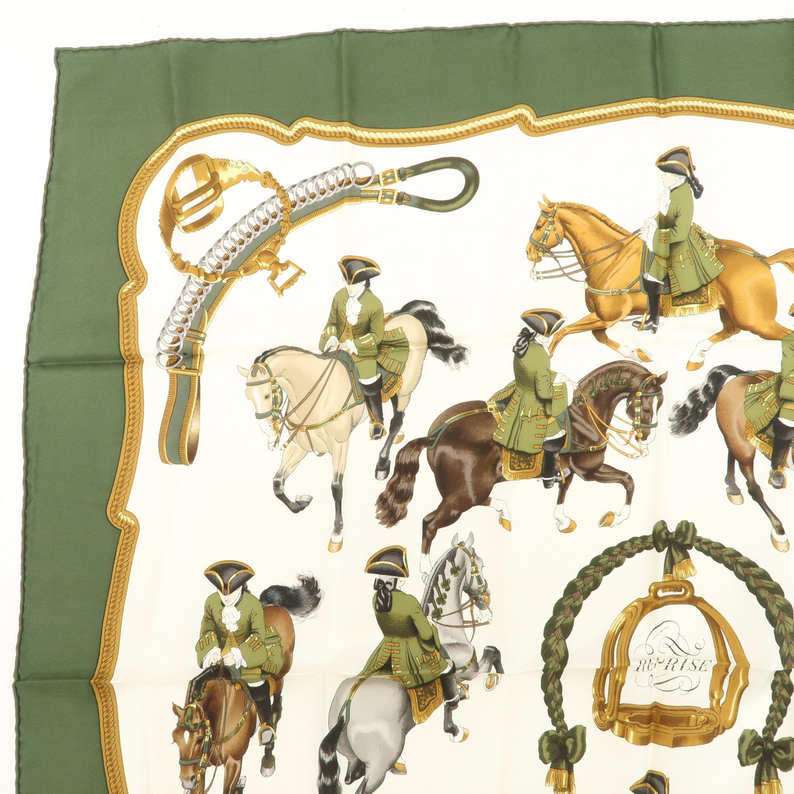 HERMES Carre 90 Silk 100% Scarf REPRISE Brown Khaki White Used