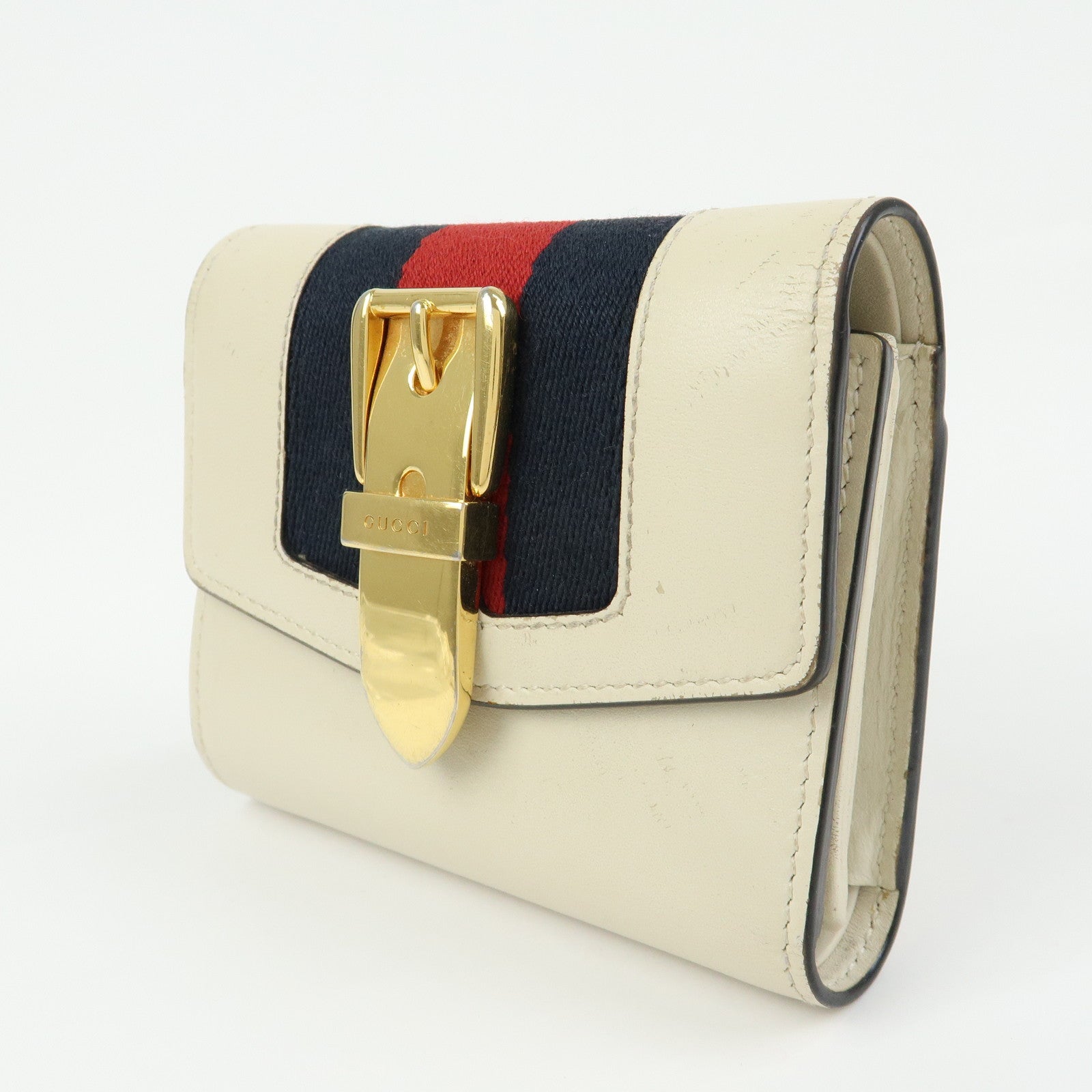 GUCCI Sherry Silvie Leather Tri-fold Compact Wallet Ivory 476081