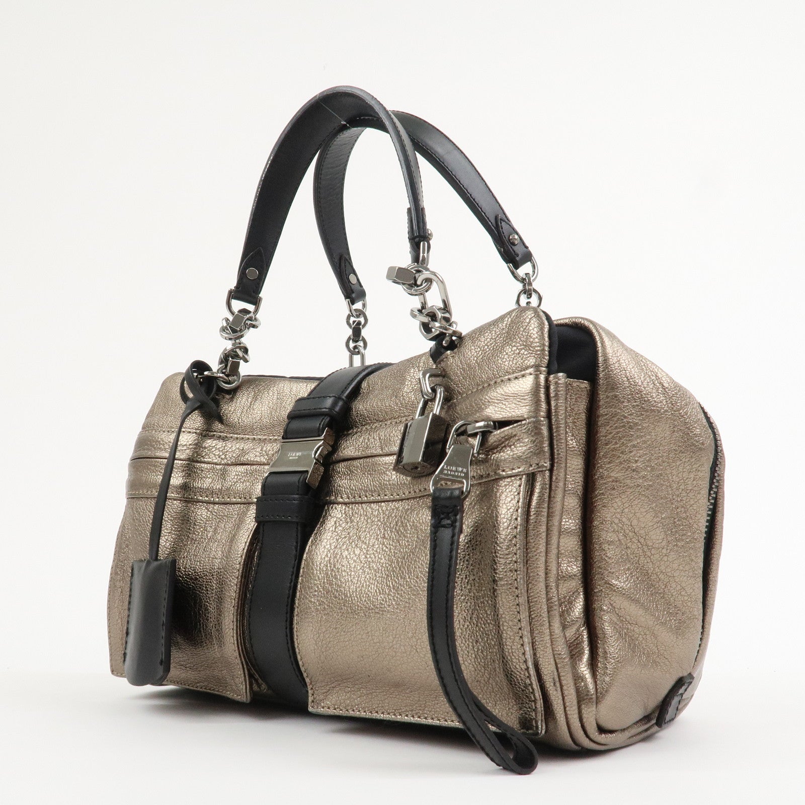 LOEWE Rola 26 Calf Skin Hand Bag Boston Bag Gold Black