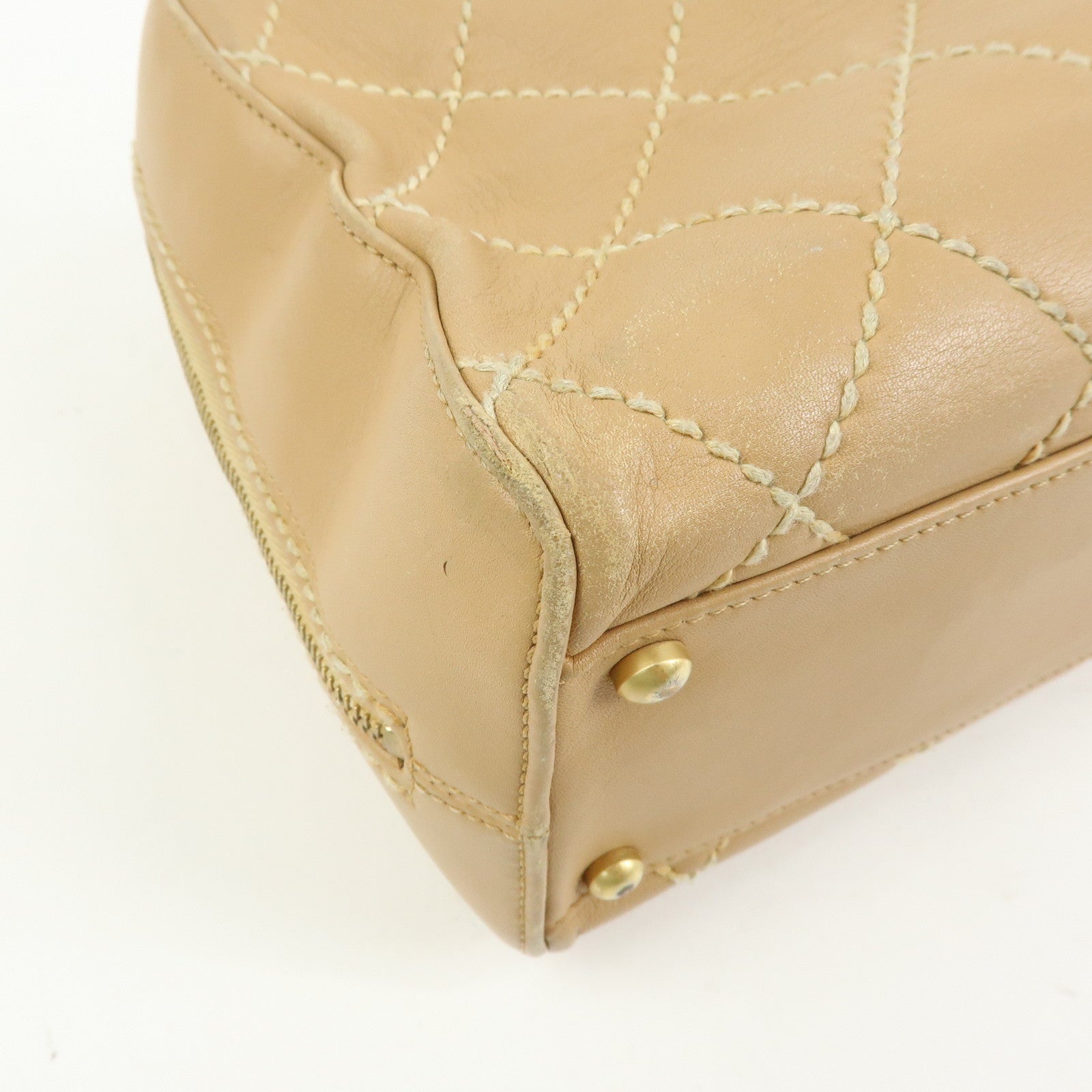 CHANEL Wild Stitch Calf Leather Boston Bag Hand Bag Beige