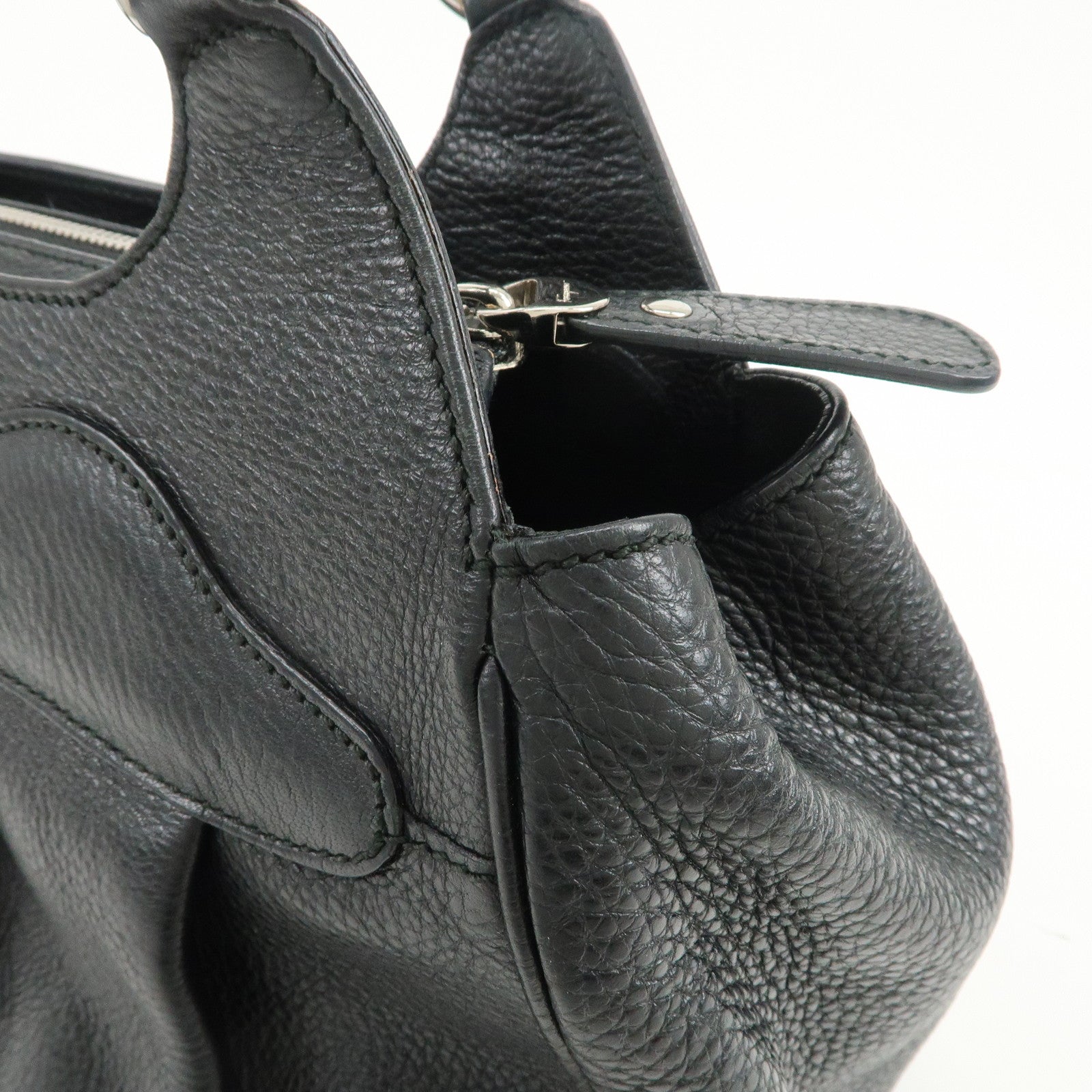 Ferragamo Gancini Leather Hand Bag Shoulder Bag Black Silver