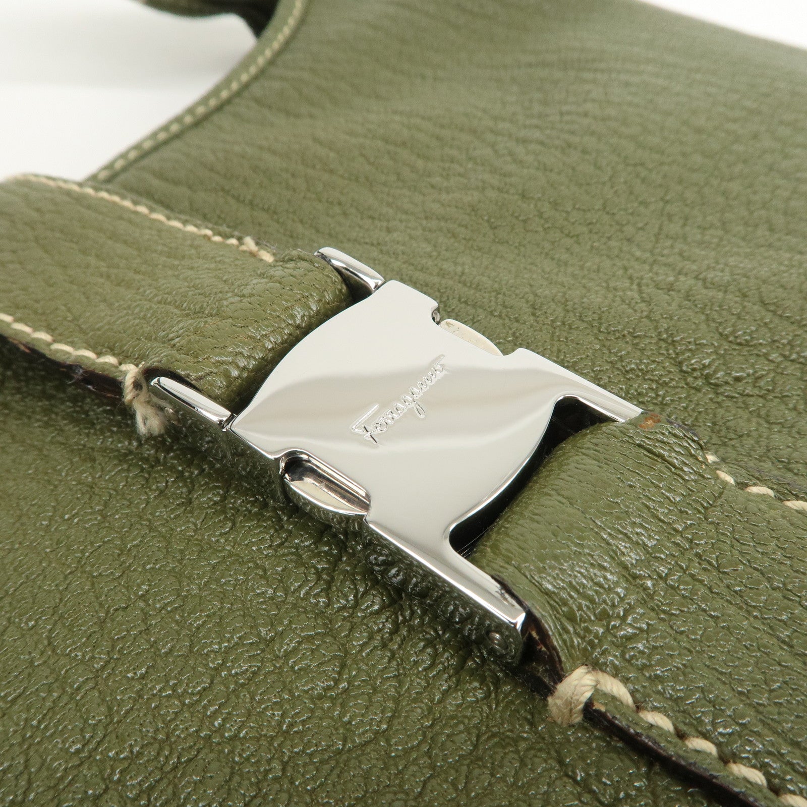 Ferragamo Logo Leather Shoulder Bag Hand Bag Khaki