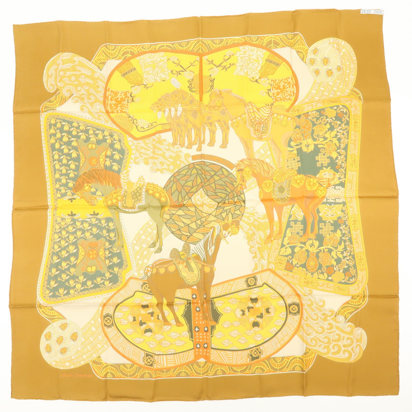 HERMES Carre 90 Silk 100% Scarf ART des STEPPES Horse Print Orange