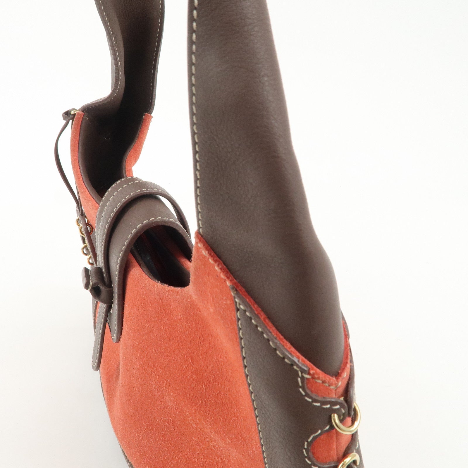 LOEWE Leather Suede Shoulder Bag Hand Bag Brown Red Gold HDW