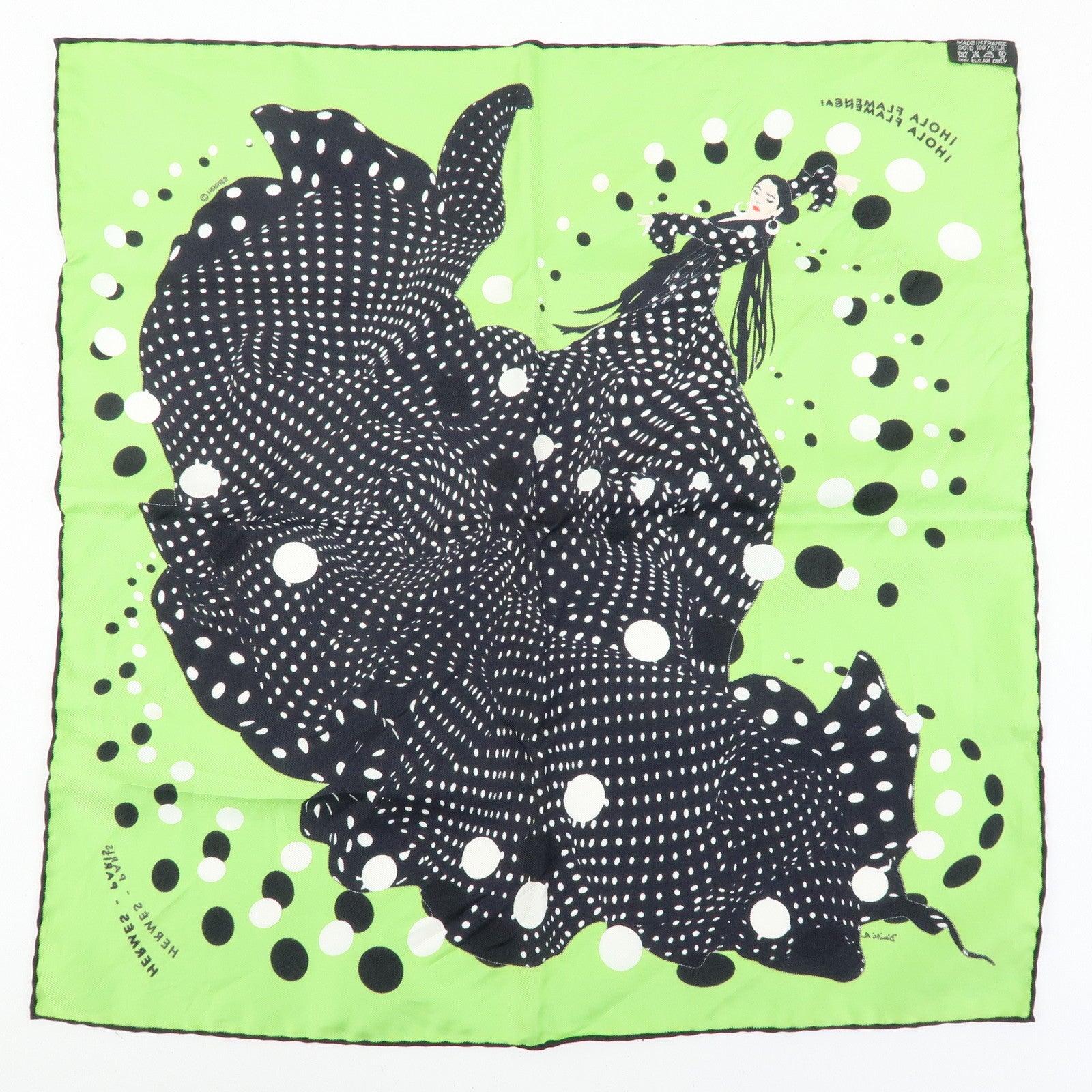 HERMES Carre 42 Silk 100% Scarf iHOLA FLAMENCA! Green Black