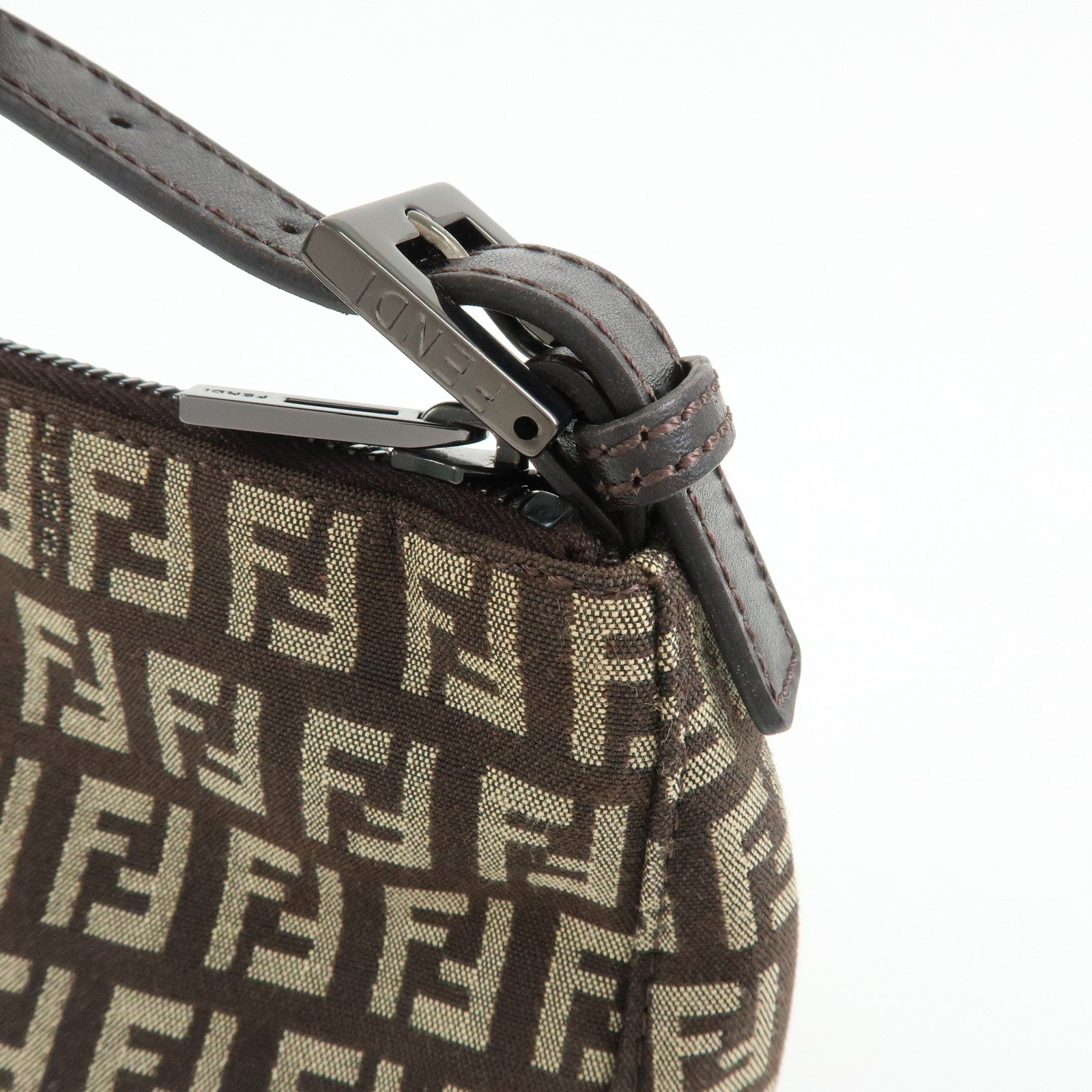 FENDI Zucchino Canvas Leather Hand Bag Pouch Brown 8N0005
