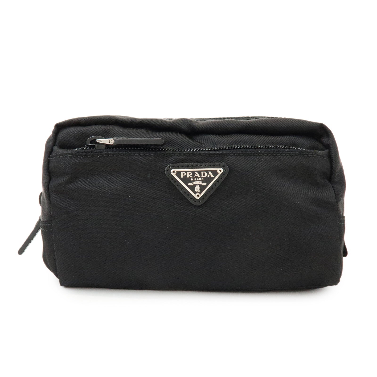 PRADA Triangle Logo Nylon Saffiano Leather Pouch Black 1NA393