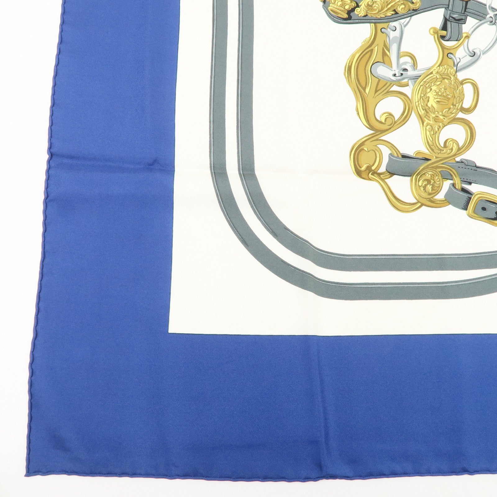 HERMES Carre 90 Silk 100% Scarf BRIDES DE GALA White Blue