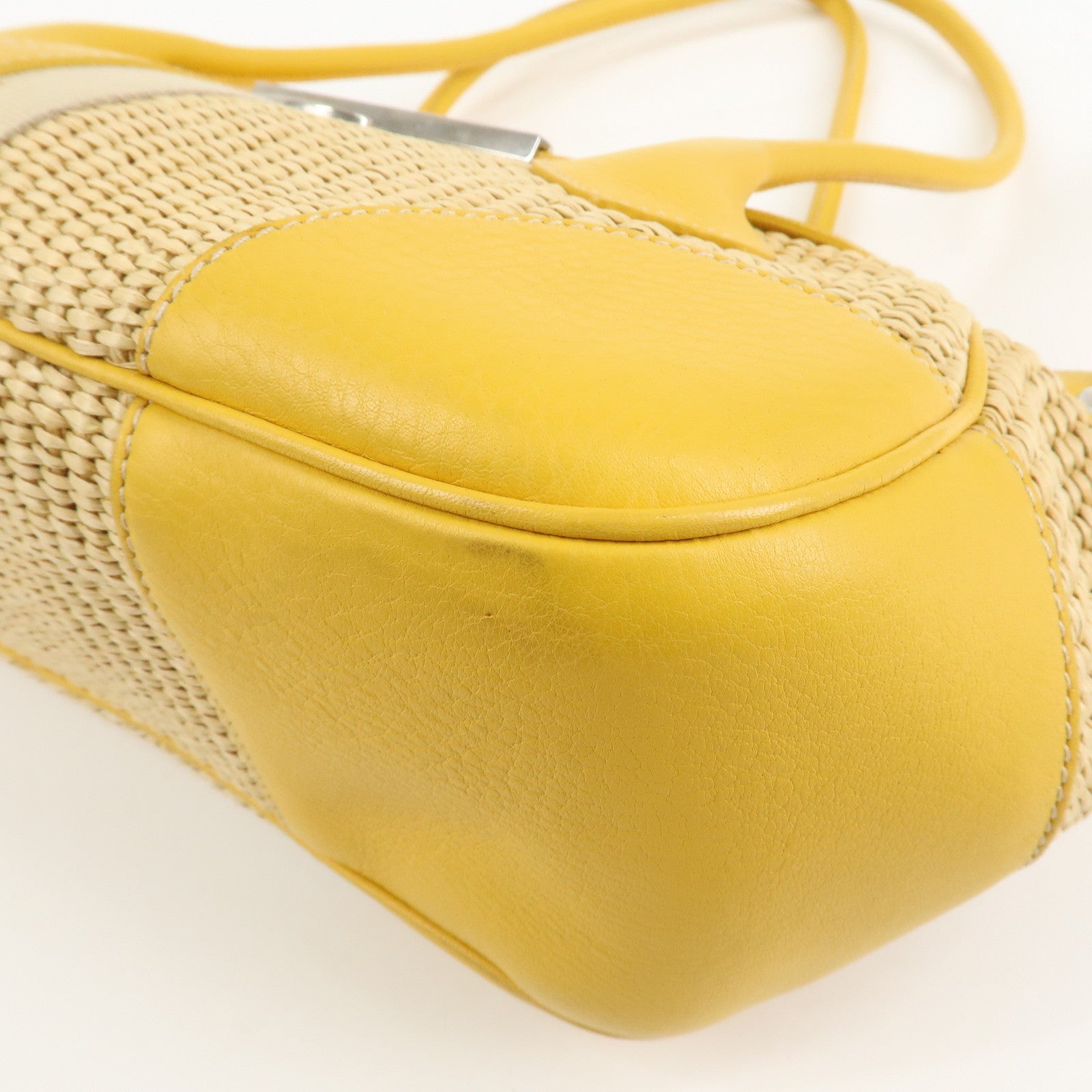 PRADA Triangle Logo Leather Raffia Tote Bag Beige Yellow Used