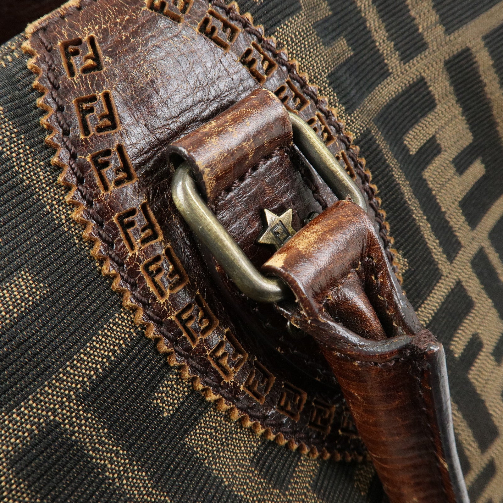 FENDI Ethnico Zucca Canvas Leather Tote Shoulder Bag Brown 8BN162