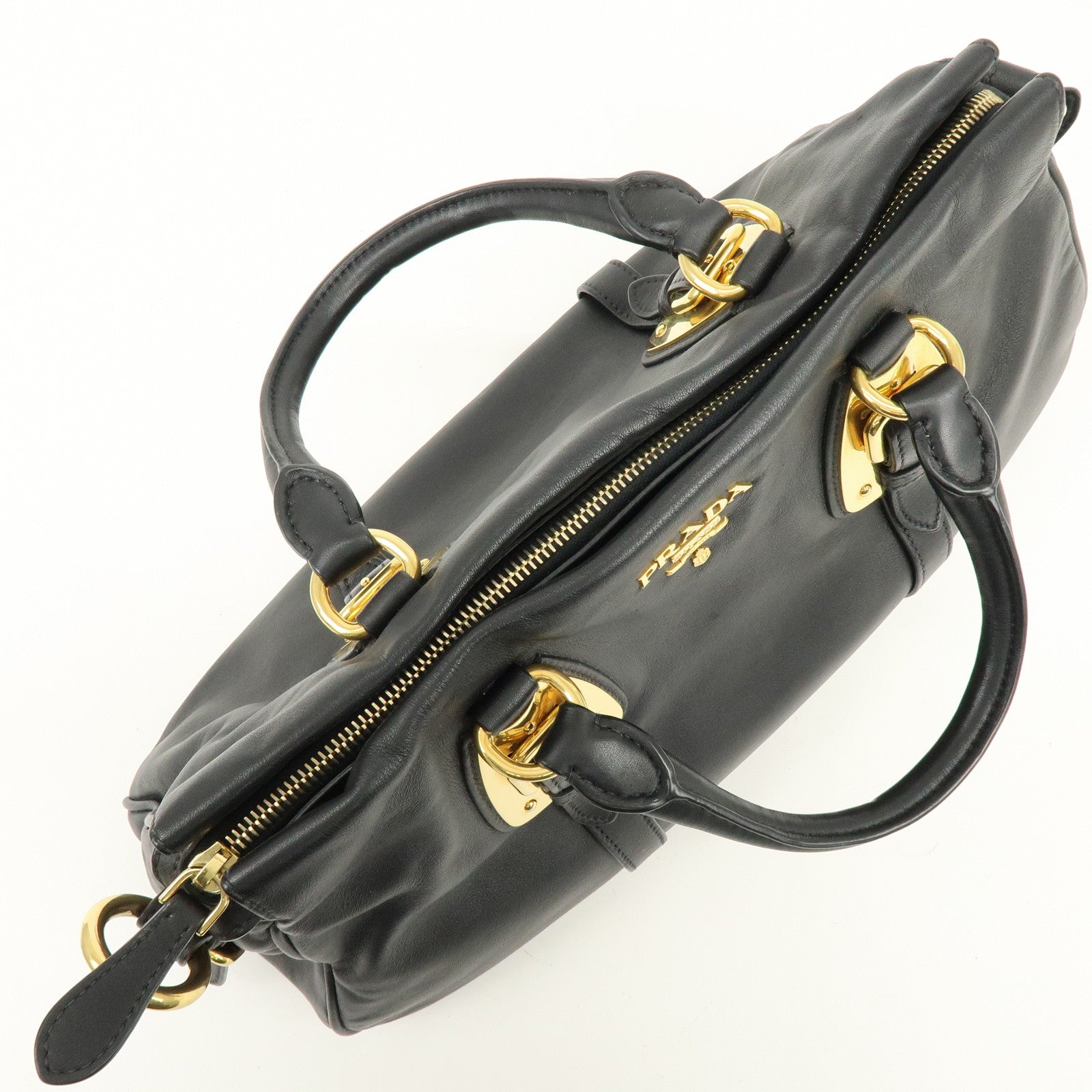 PRADA Logo Leather 2Way Bag Hand Bag Shoulder Bag Black Gold BN1903