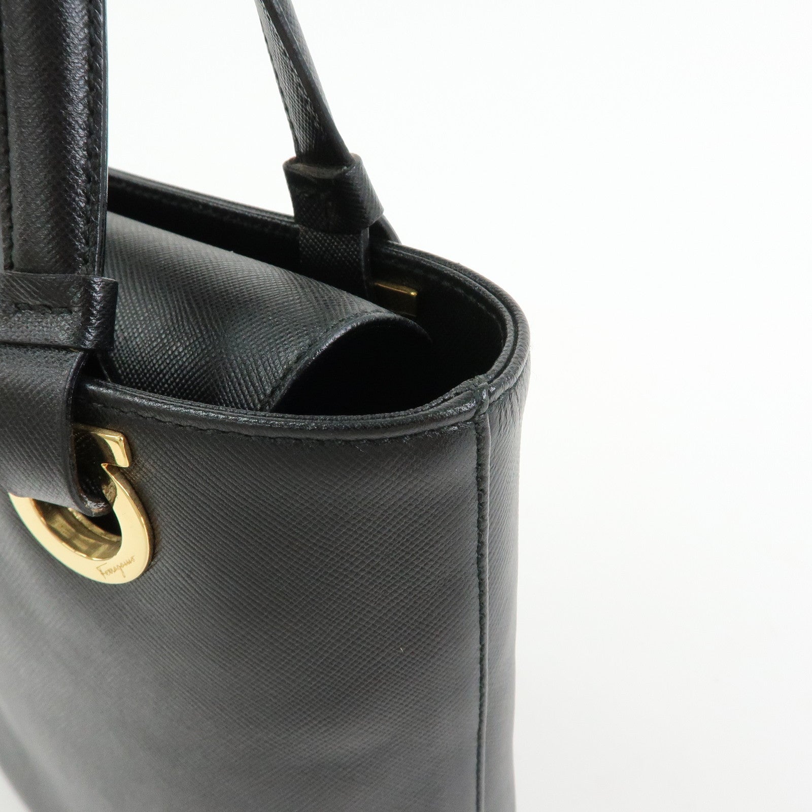 Ferragamo Gancini Leather Tote Bag Hand Bag Bucket Bag Black