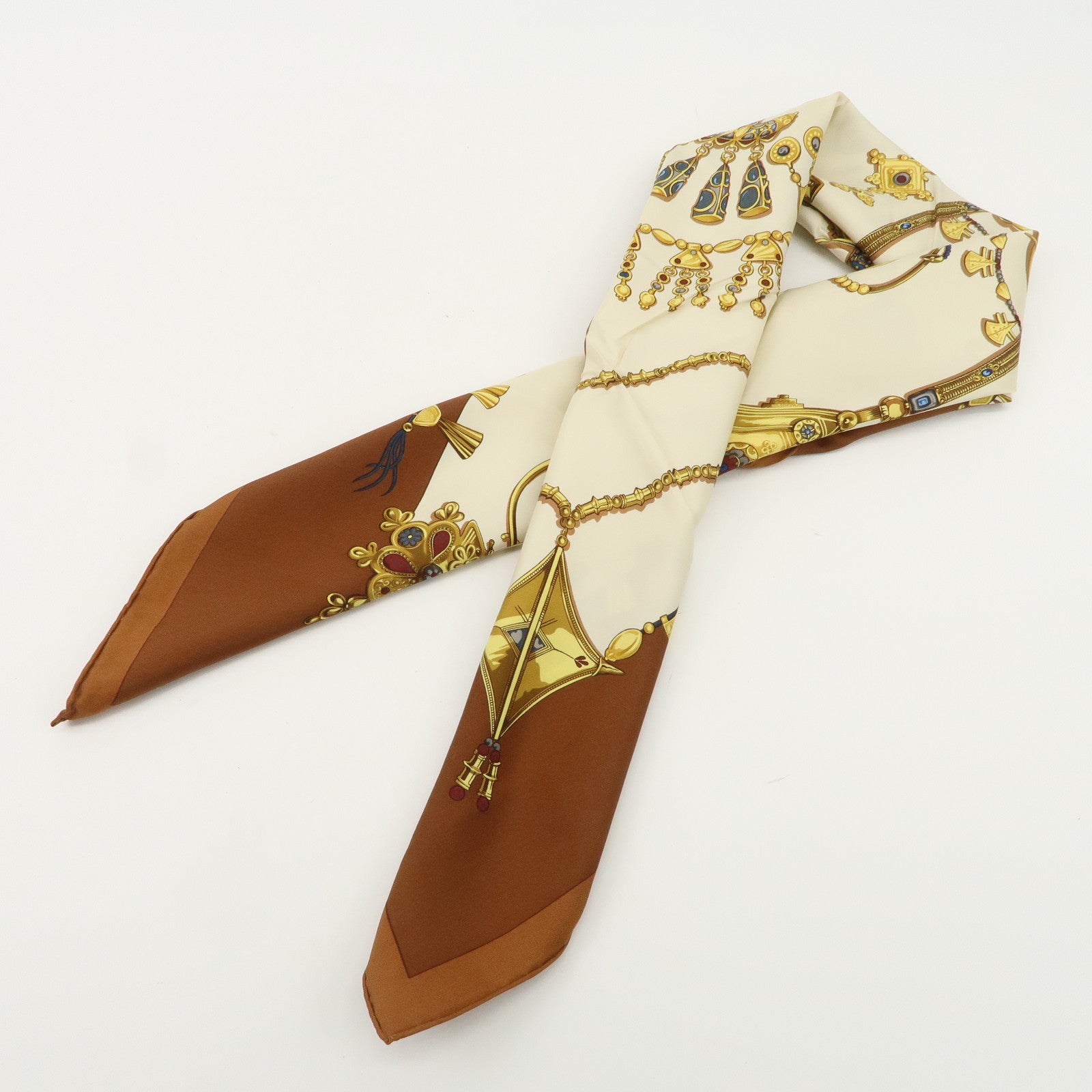 HERMES Carre 90 Silk 100% Scarf PARURES DES SABLES Gold Brown Used