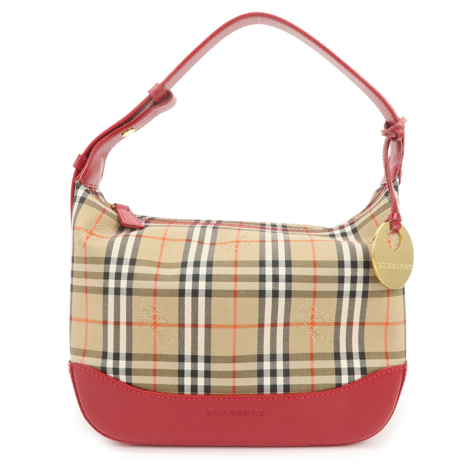 BURBERRY Nova Plaid Canvas Leather Hand Bag Shoulder Bag Beige Red