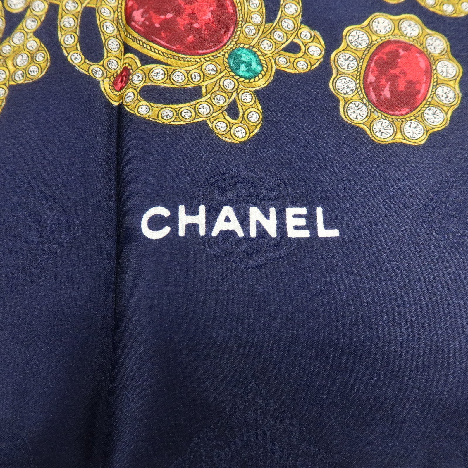 CHANEL Silk 100% Scarf Jewelry Motif Dark Navy Multicolor