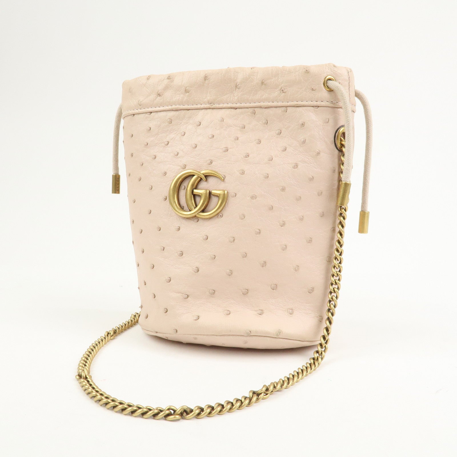 GUCCI GG Marmont Ostrich Leather Mini Bucket Chain Bag Ivory 575163